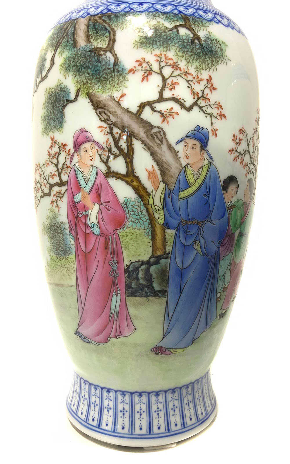 Pair of baluster vases decorated with lace in shades of blue depicting genre scene. On the back - Image 2 of 2