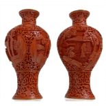 Couple Oriental vases. Cinnabar lacquer completely carved. H 17 cm