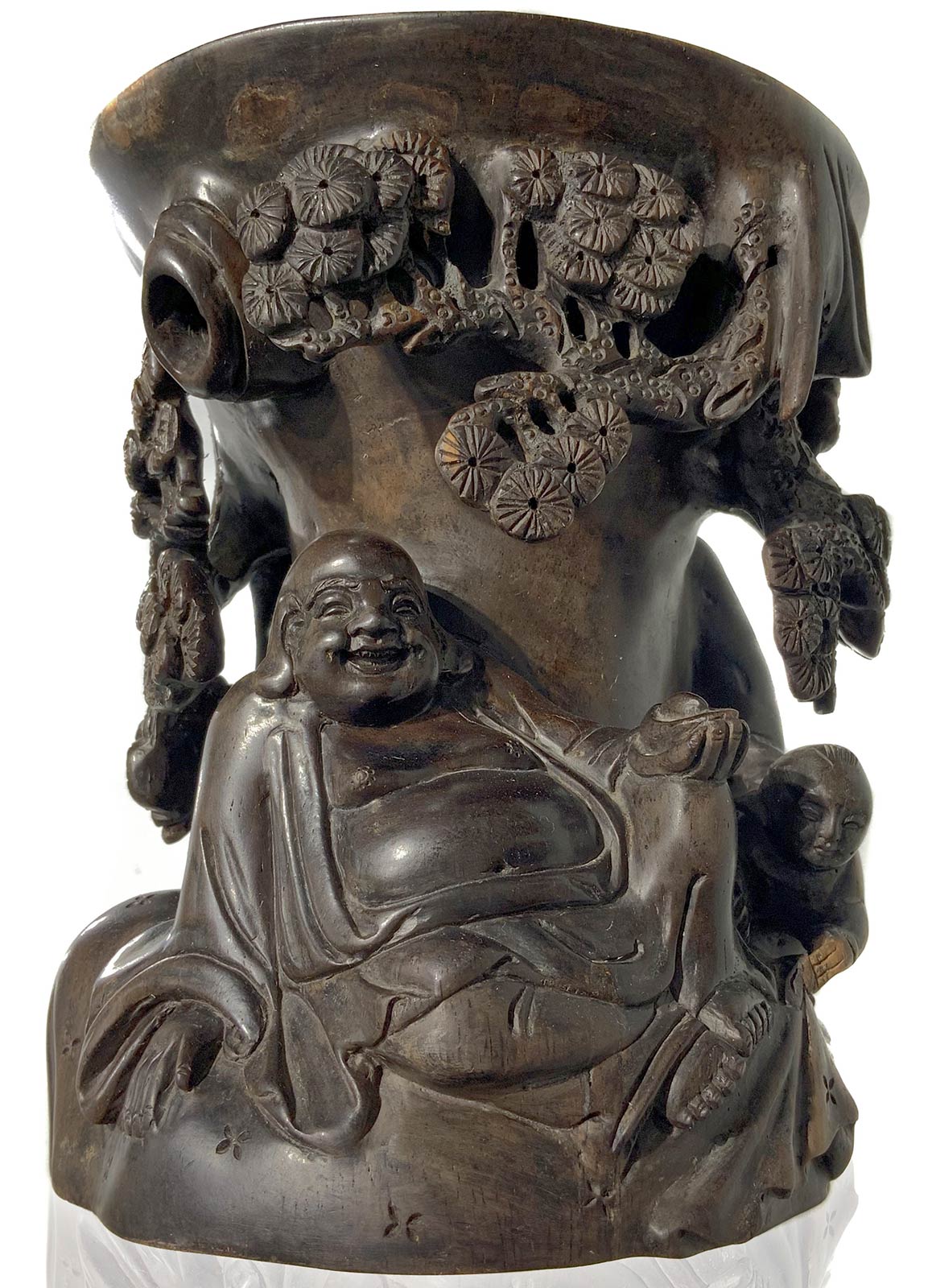 Brush holder rosewood with rich embossed decoration and a relief with Buddha figure with child