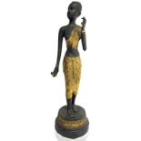 Origin Thai. Ancient statue in metal with gold plating in the suit. Beautiful woman with flower