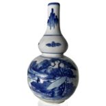 Porcelain vase, with decorations depicting a river landscape in blue / white, with "long life"