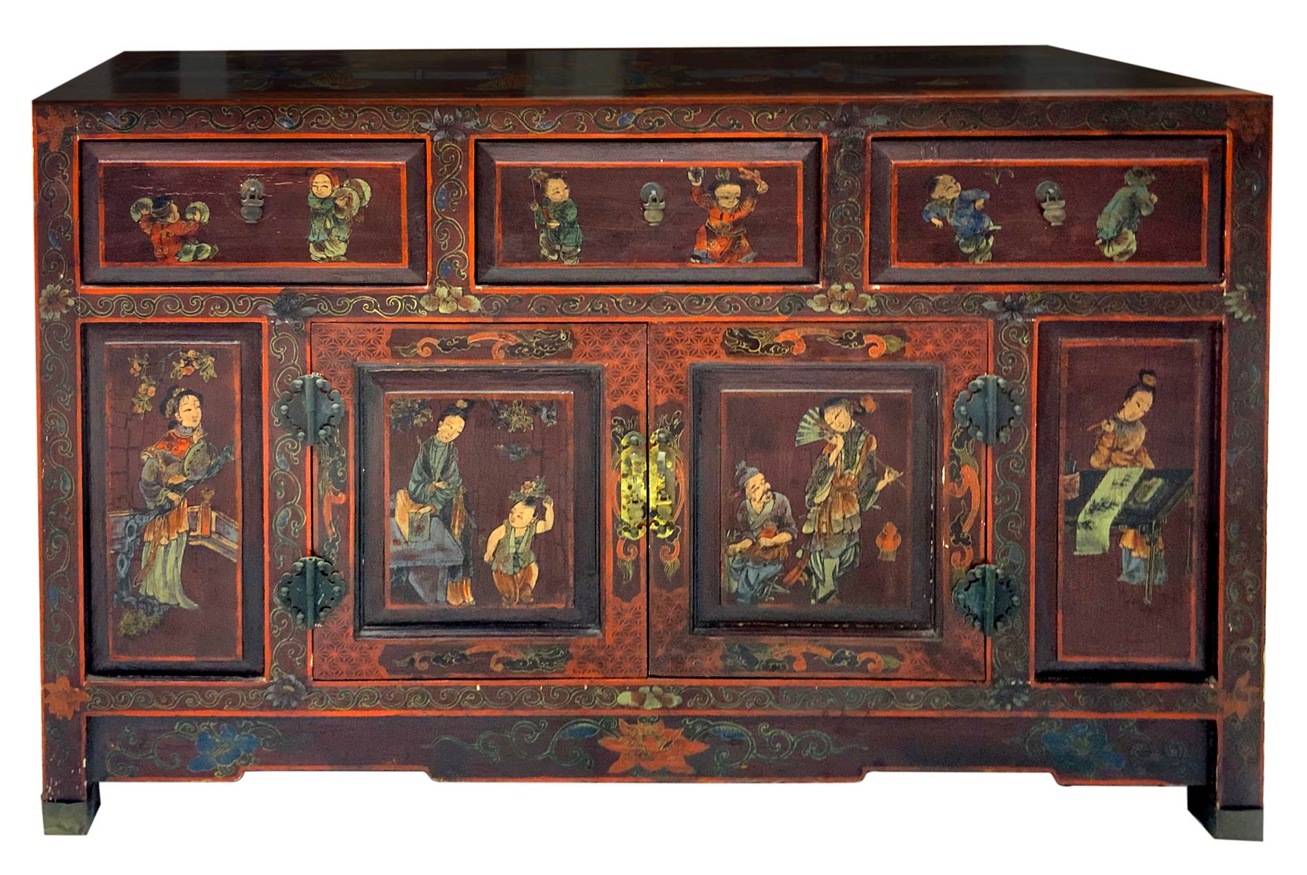 Mobile in lacquered wood with genre scenes. 60s, China. Hand painted. H 76 Cm, Cm 122x43