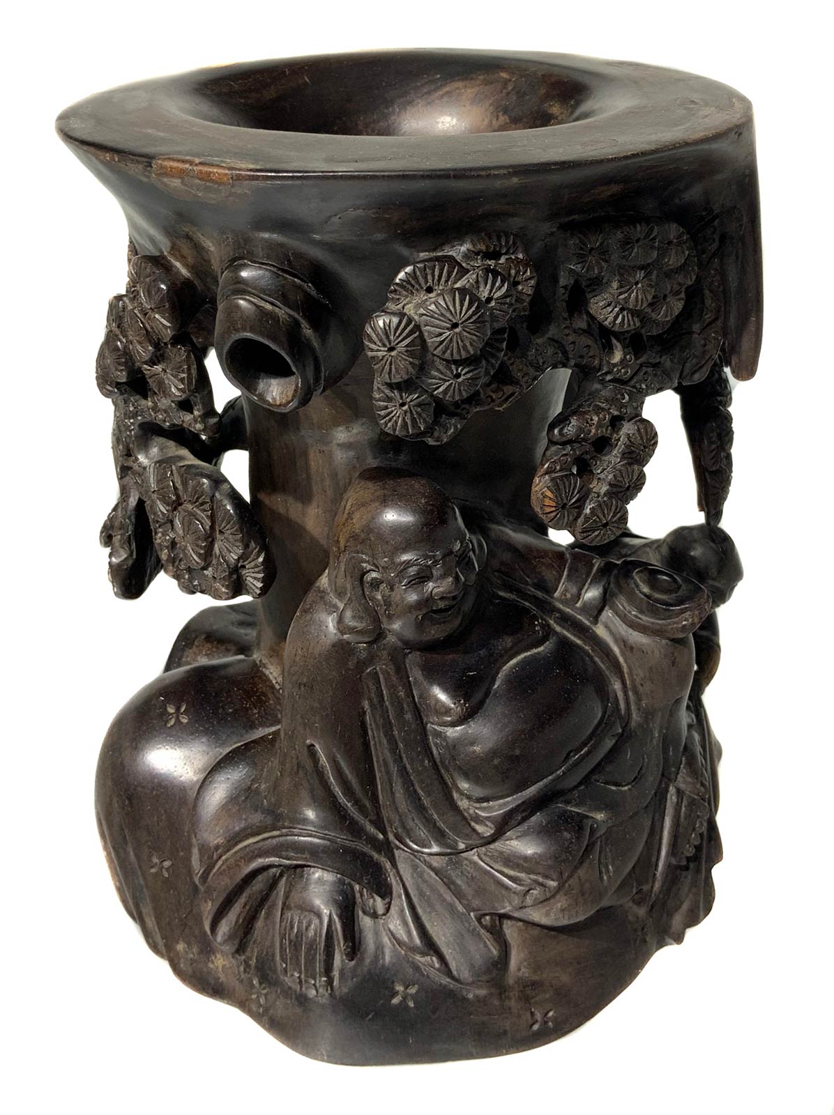Brush holder rosewood with rich embossed decoration and a relief with Buddha figure with child - Image 2 of 5