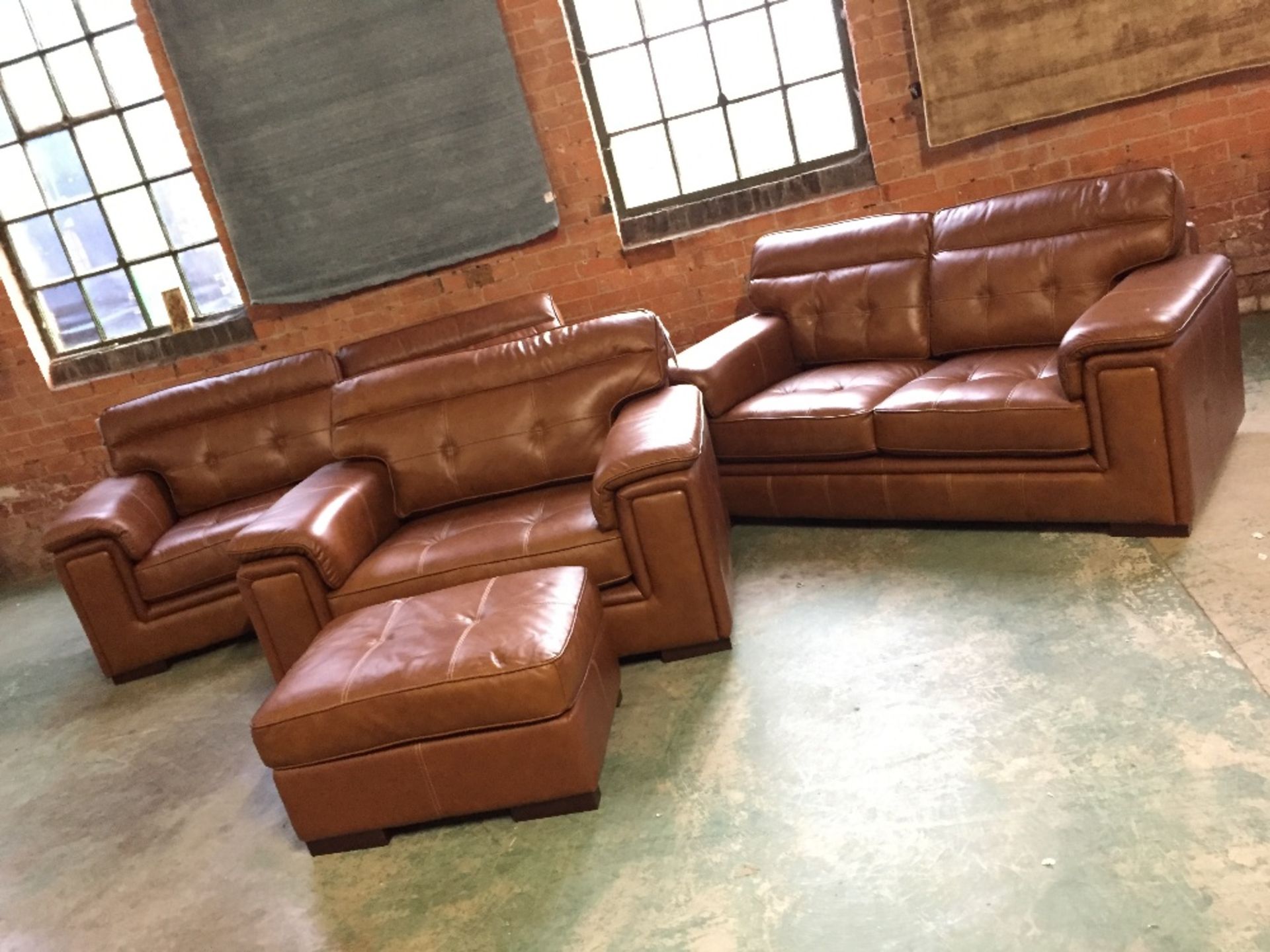 BROWN LEATHER WITH WHITE STITCHING 3 SEATER SOFA 2