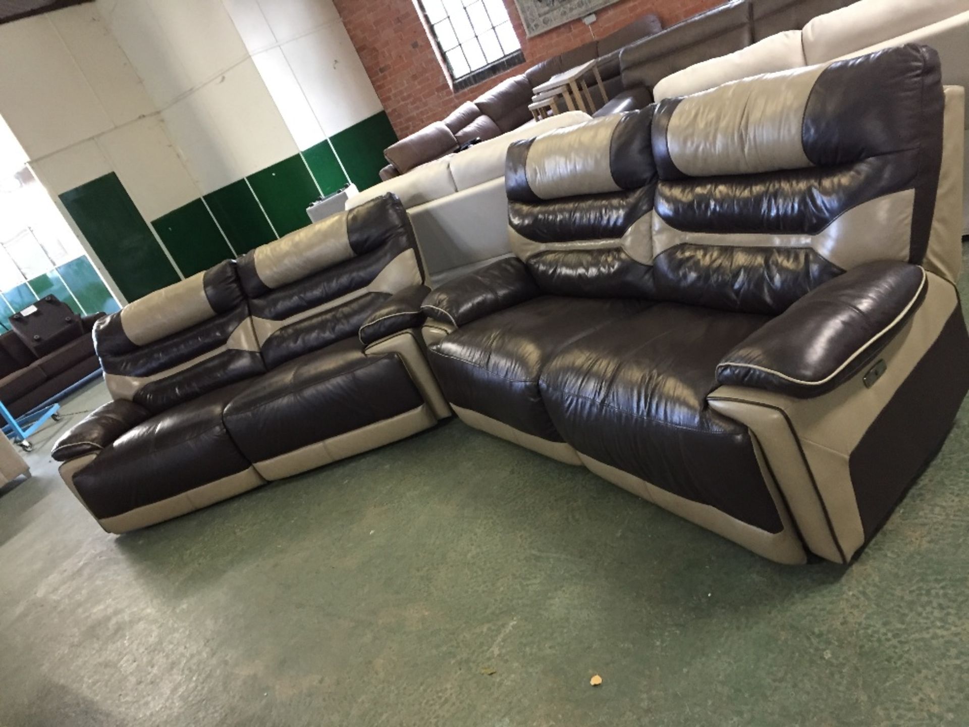 BROWN AND CREAM LEATHER ELECTRIC RECLINING 2 X 3 S