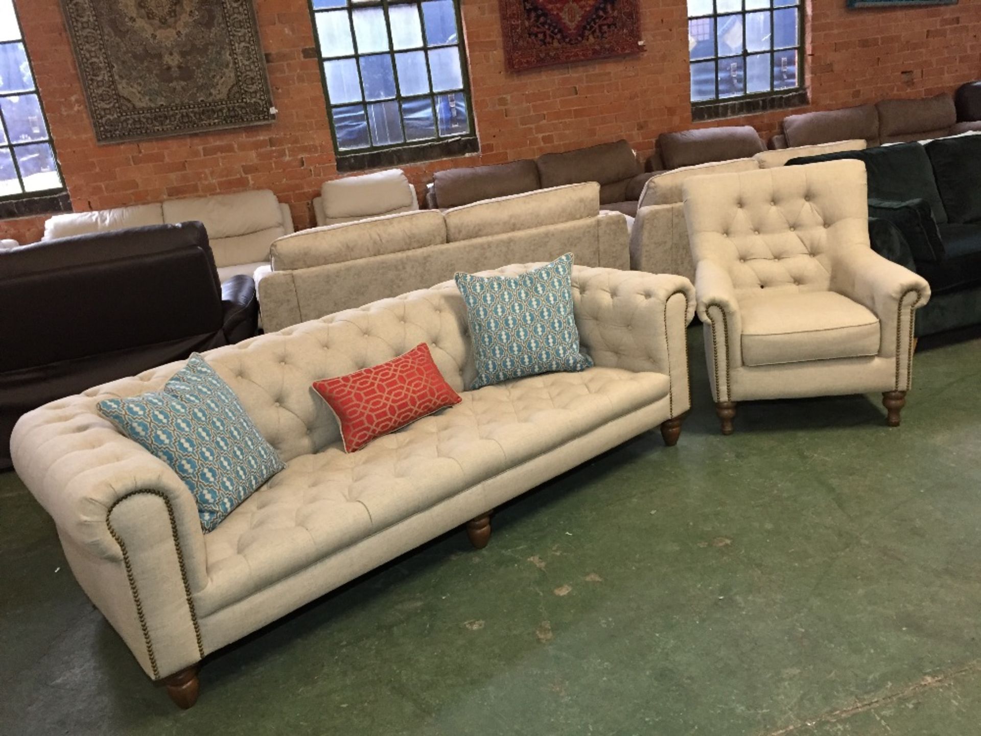 BEIGE CHESTERFIELD 3 SEATER SOFA AND WING CHAIR (M