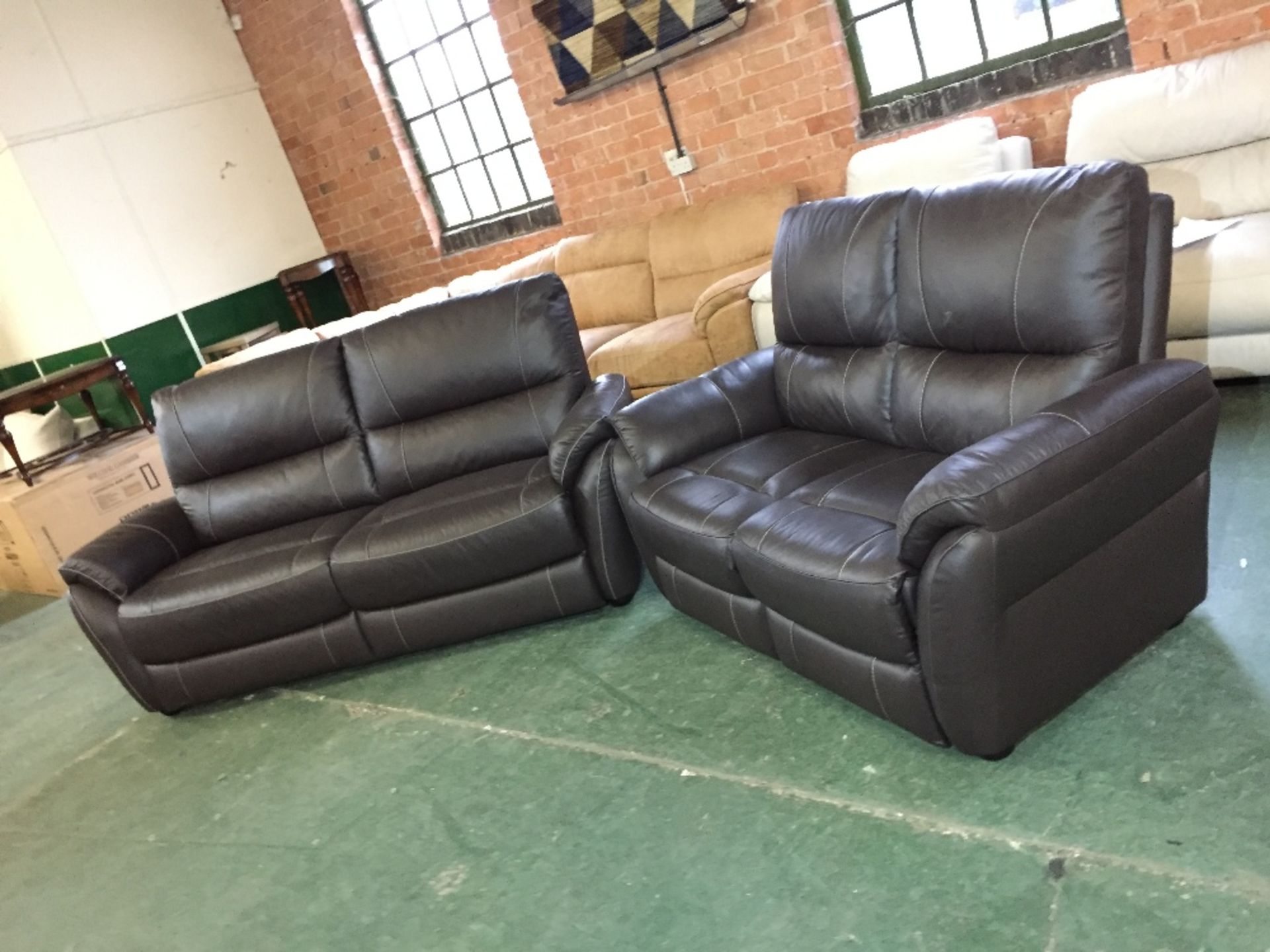 BROWN LEATHER WITH GREY BEADING 3 SEATER SOFA AND