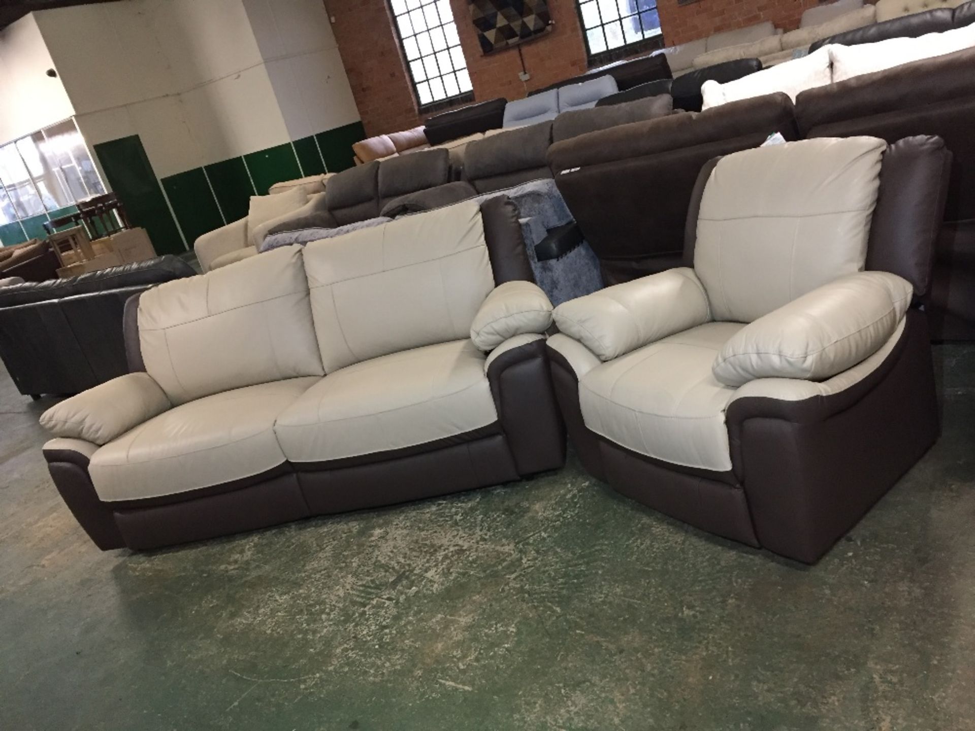 BROWN AND CREAM LEATHER MANUAL RECLINING 3 SEATER