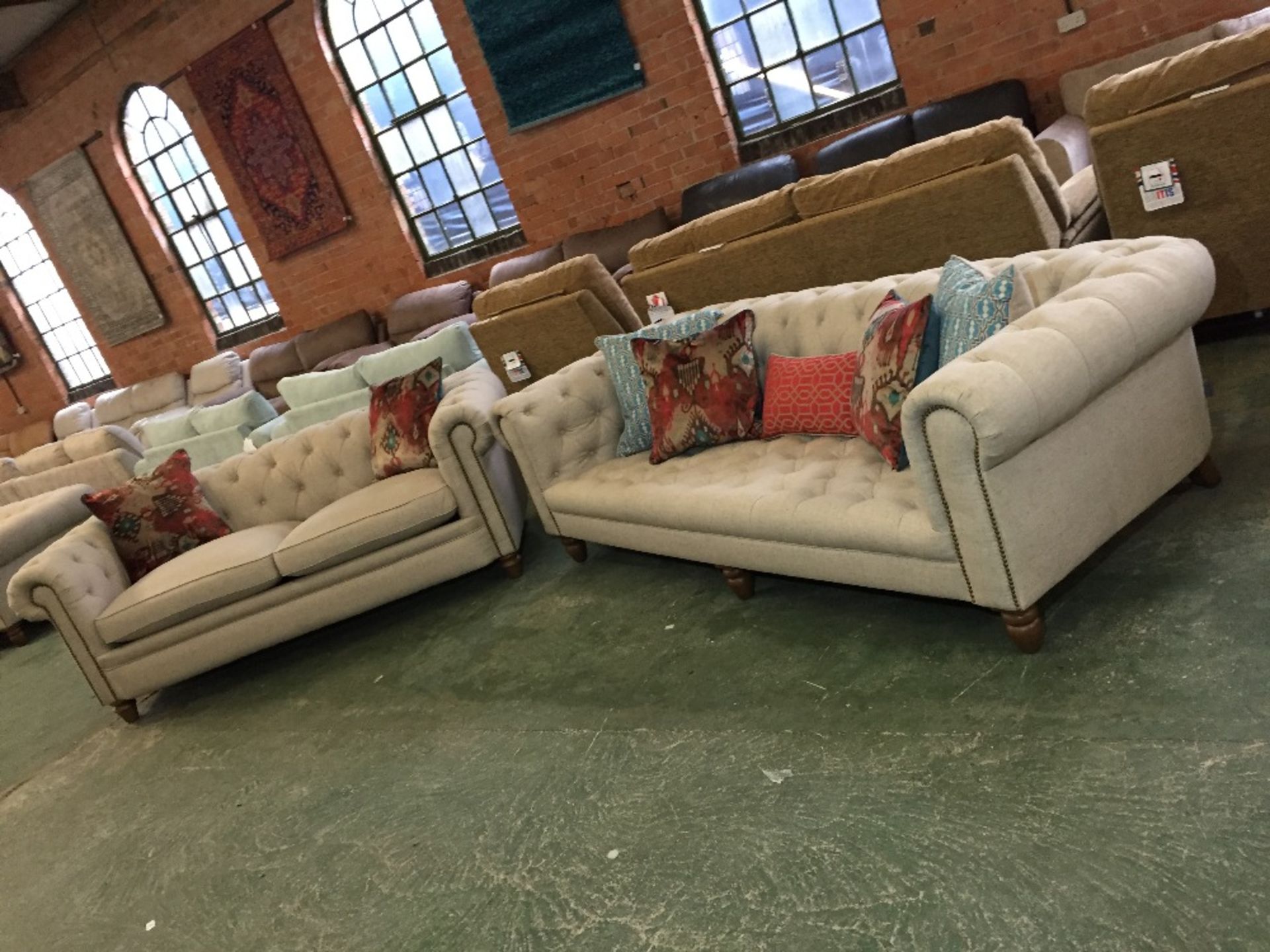 BEIGE CHESTERFIELD 3 SEATER SOFA AND 2 SEATER SOFA