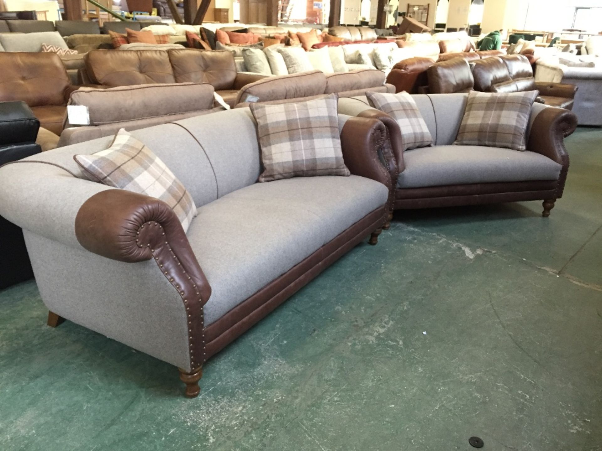 GREY FABRIC AND BROWN LEATHER 3 SEATER SOFA AND 2