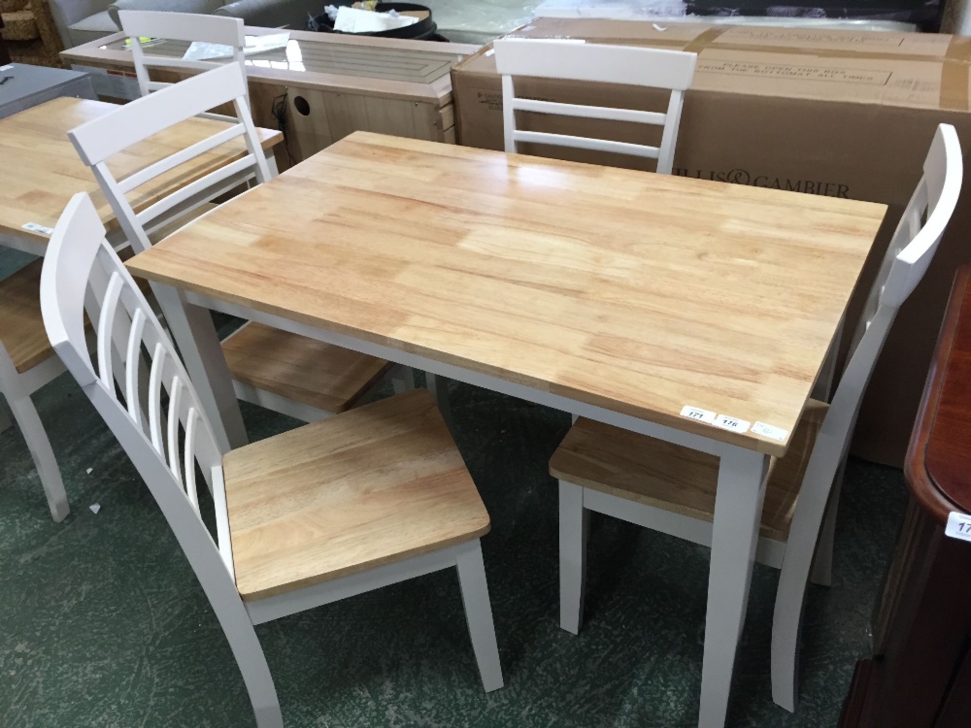 WHITE AND OAK TABLE AND 4 X CHAIRS (2)
