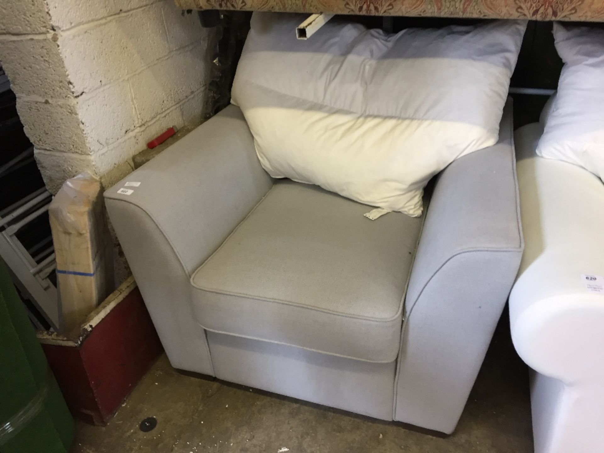GREY FABRIC CHAIR (MISSING COVER FOR BACK CUSHION