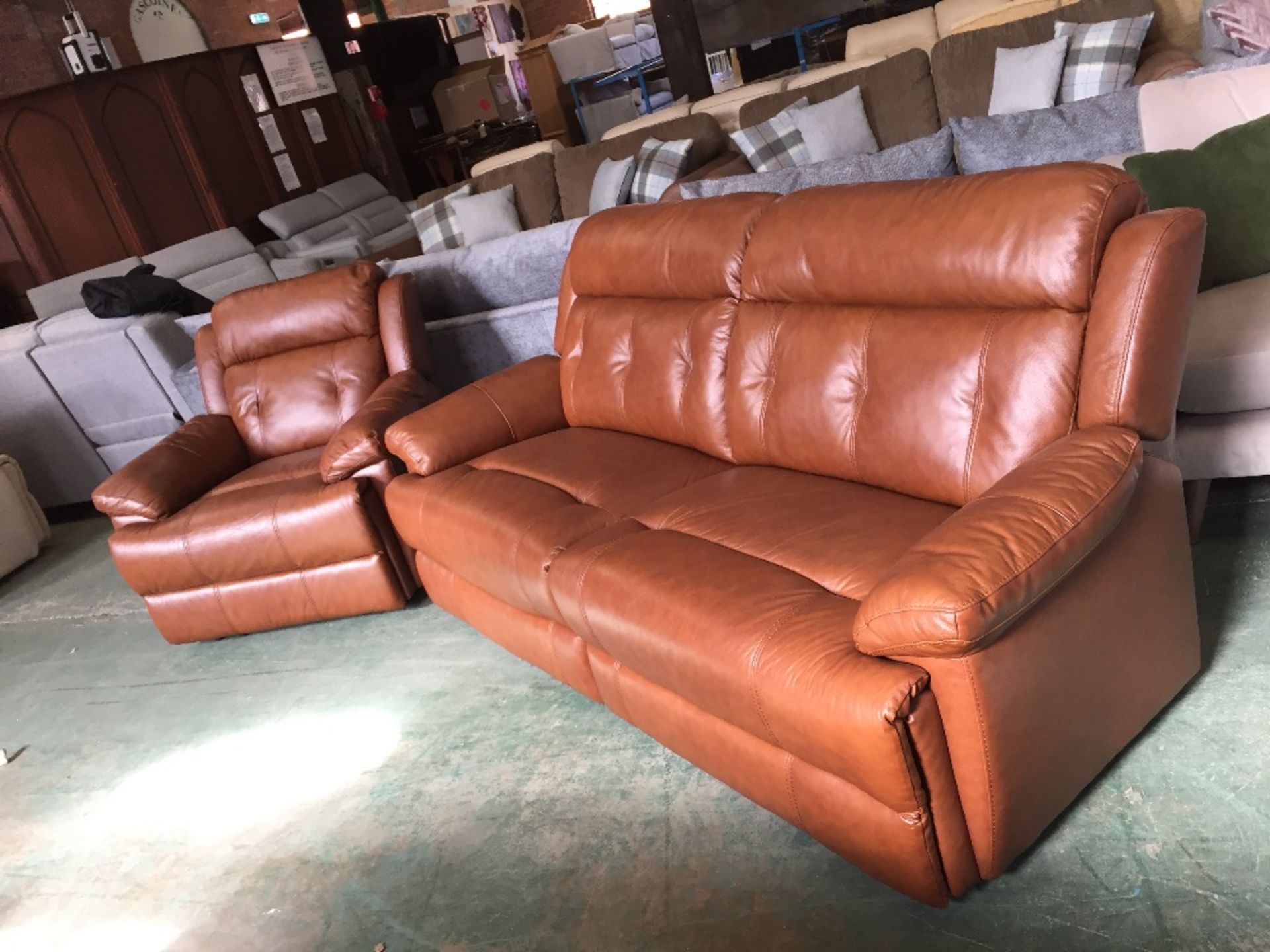 BROWN LEATHER HIGH BACK 3 SEATER SOFA AND MANUAL R