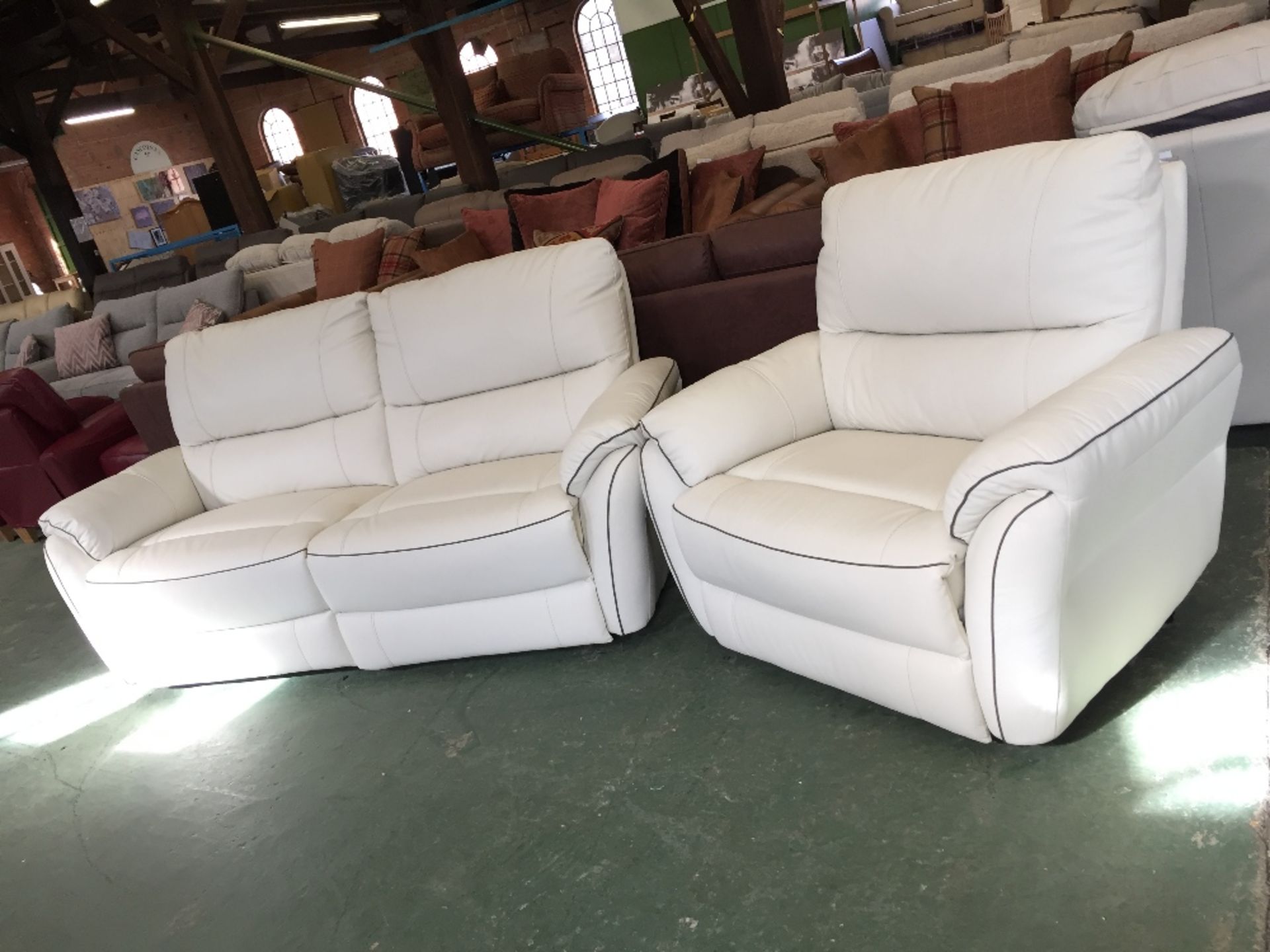 CREAM LEATHER WITH BROWN BEADING 3 SEATER SOFA AND