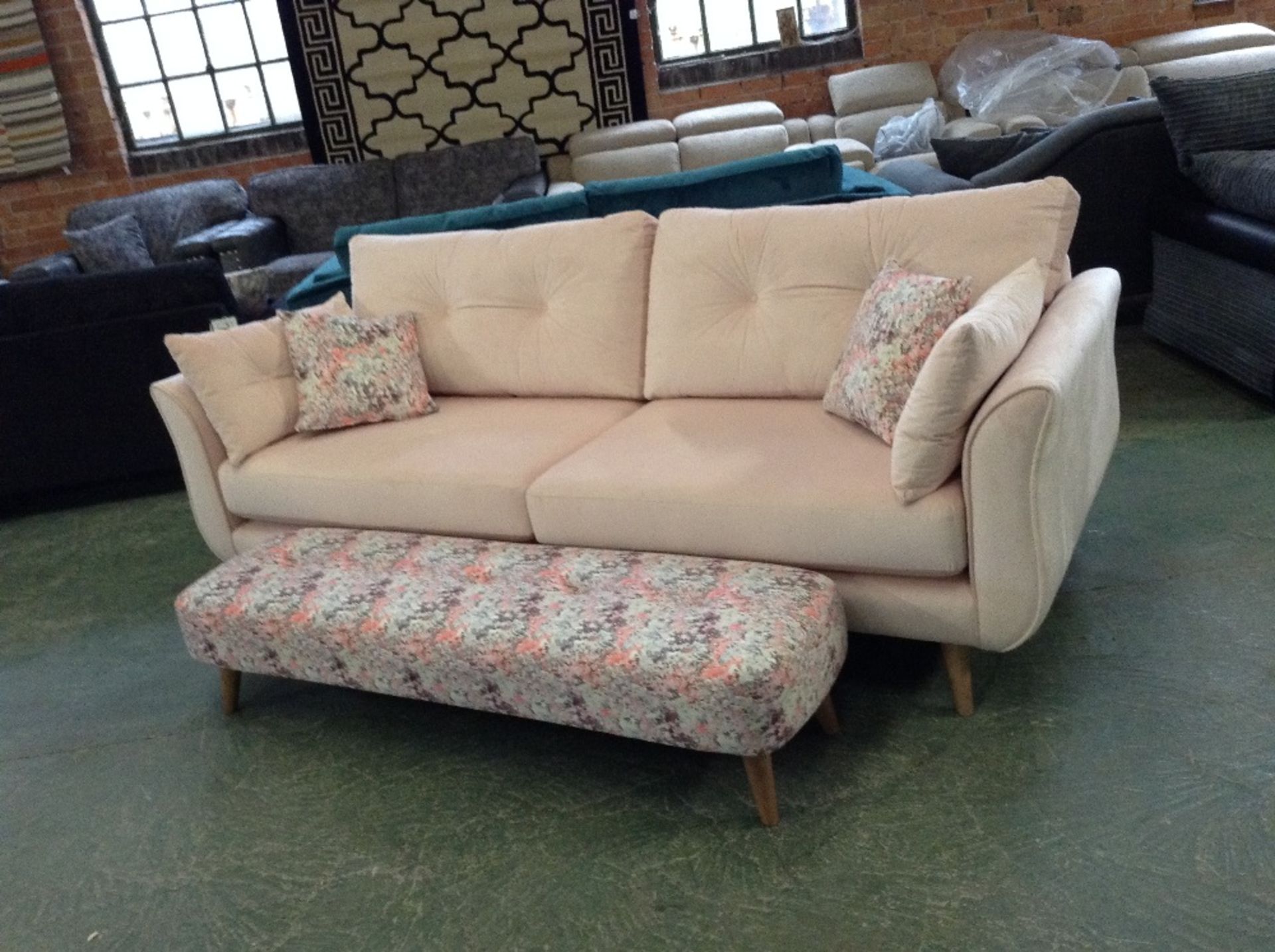 PINK LARGE 3 SEATER SOFA AND MULTI COLOURED PATTER