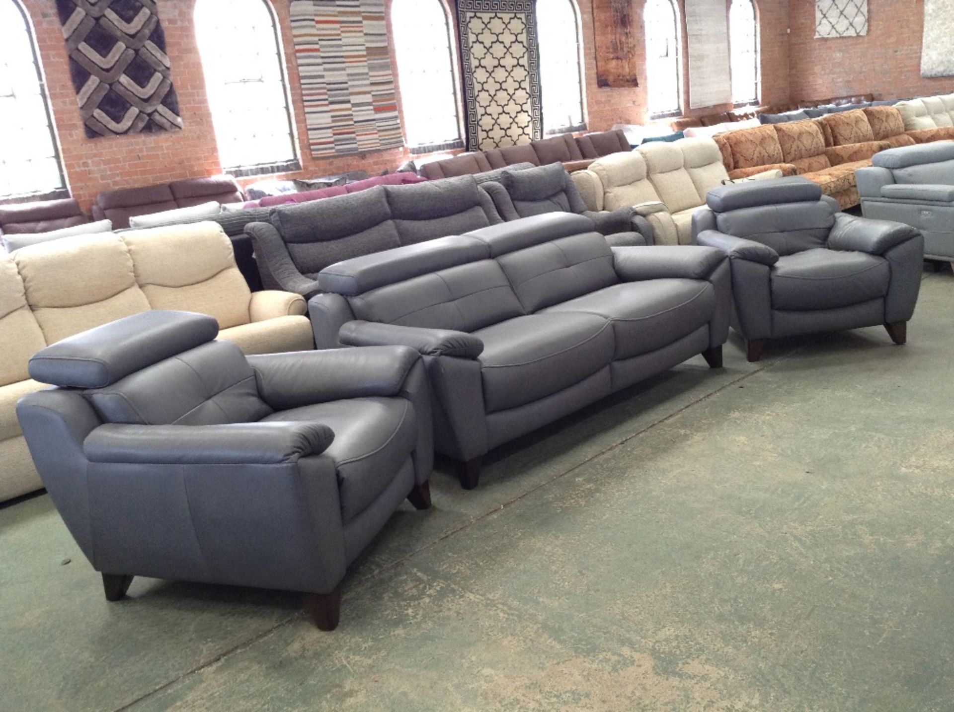 GREY LEATHER 3 SEATER SOFA AND 2 X CHAIRS WITH ADJ