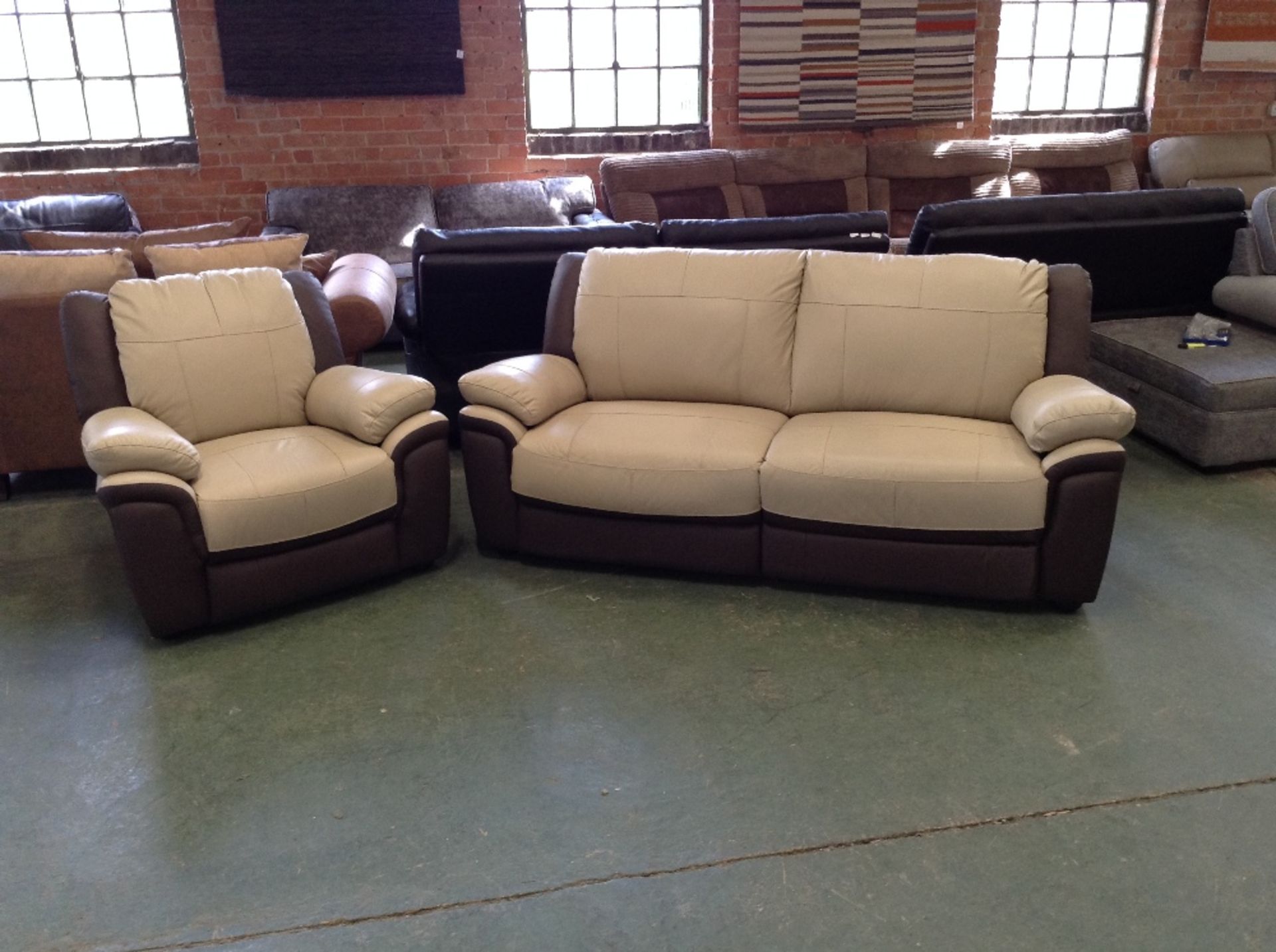 CREAM AND BROWN LEATHER 3 SEATER SOFA AND CHAIR (W