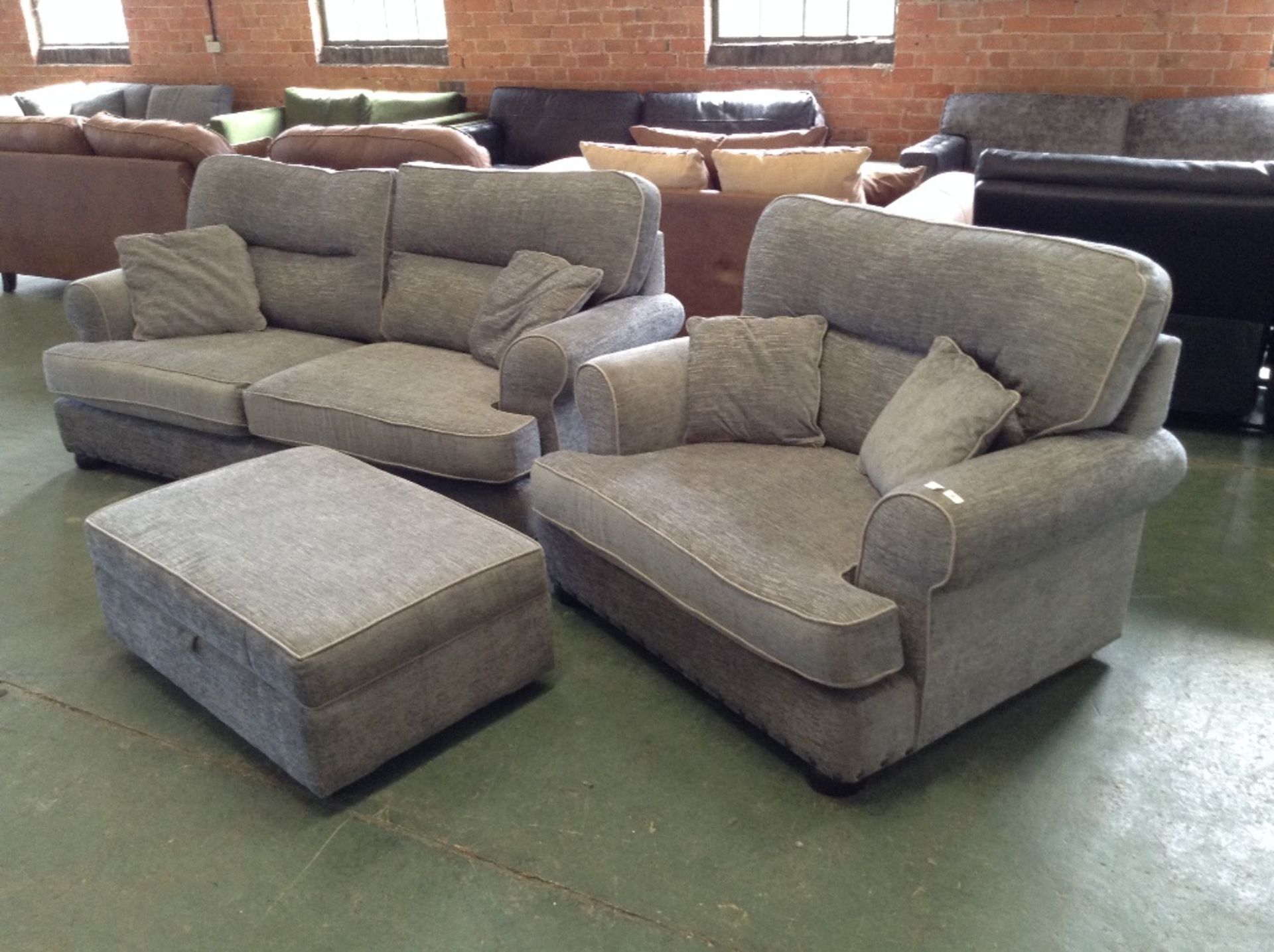 GREY FABRIC WITH SILVER BEADING 3 SEATER SOFA SNUG