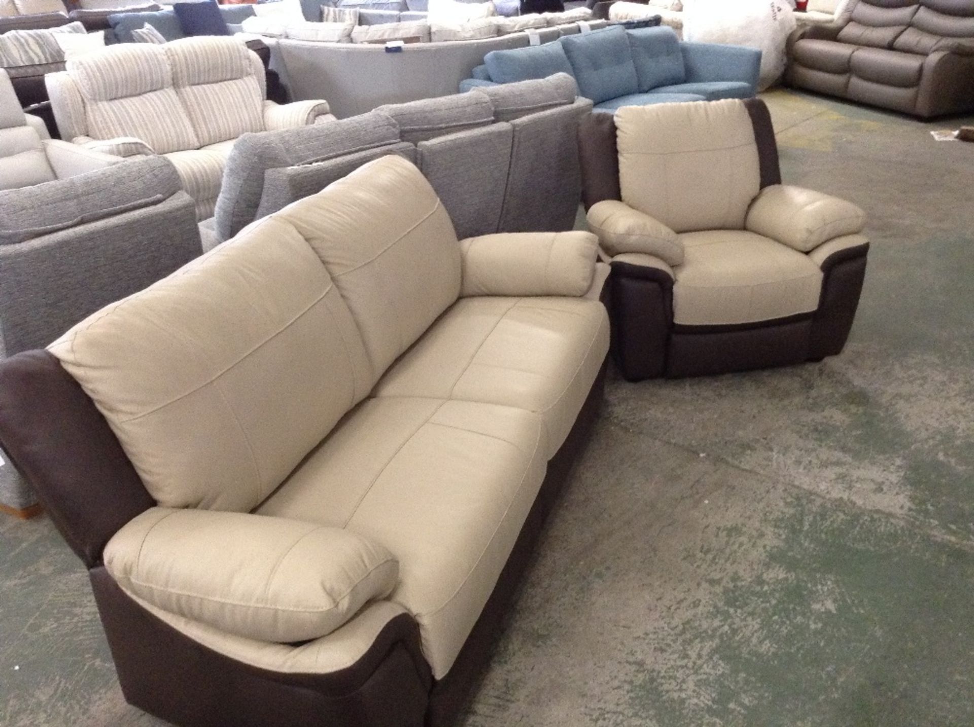 CREAM AND BROWN LEATHER 3 SEATER SOFA AND CHAIR (W