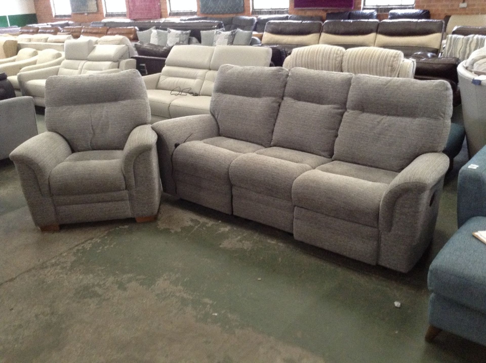 GREY HIGH BACK 3 SEATER SOFA AND FIXED CHAIR (TROO
