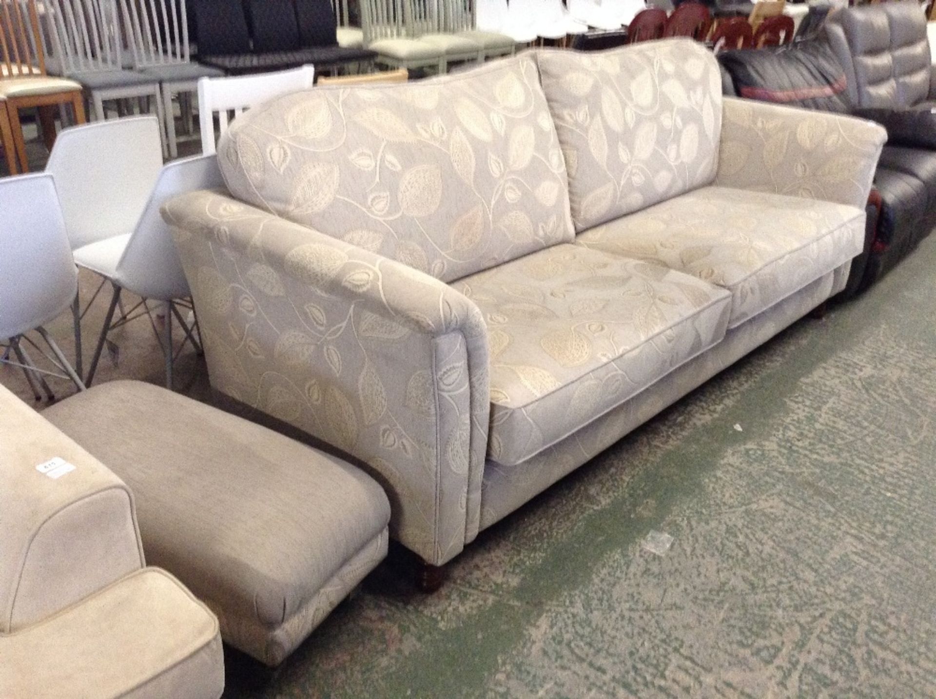 BEIGE FLORAL PATTERNED LARGE 3 SEATER SOFA AND FOO