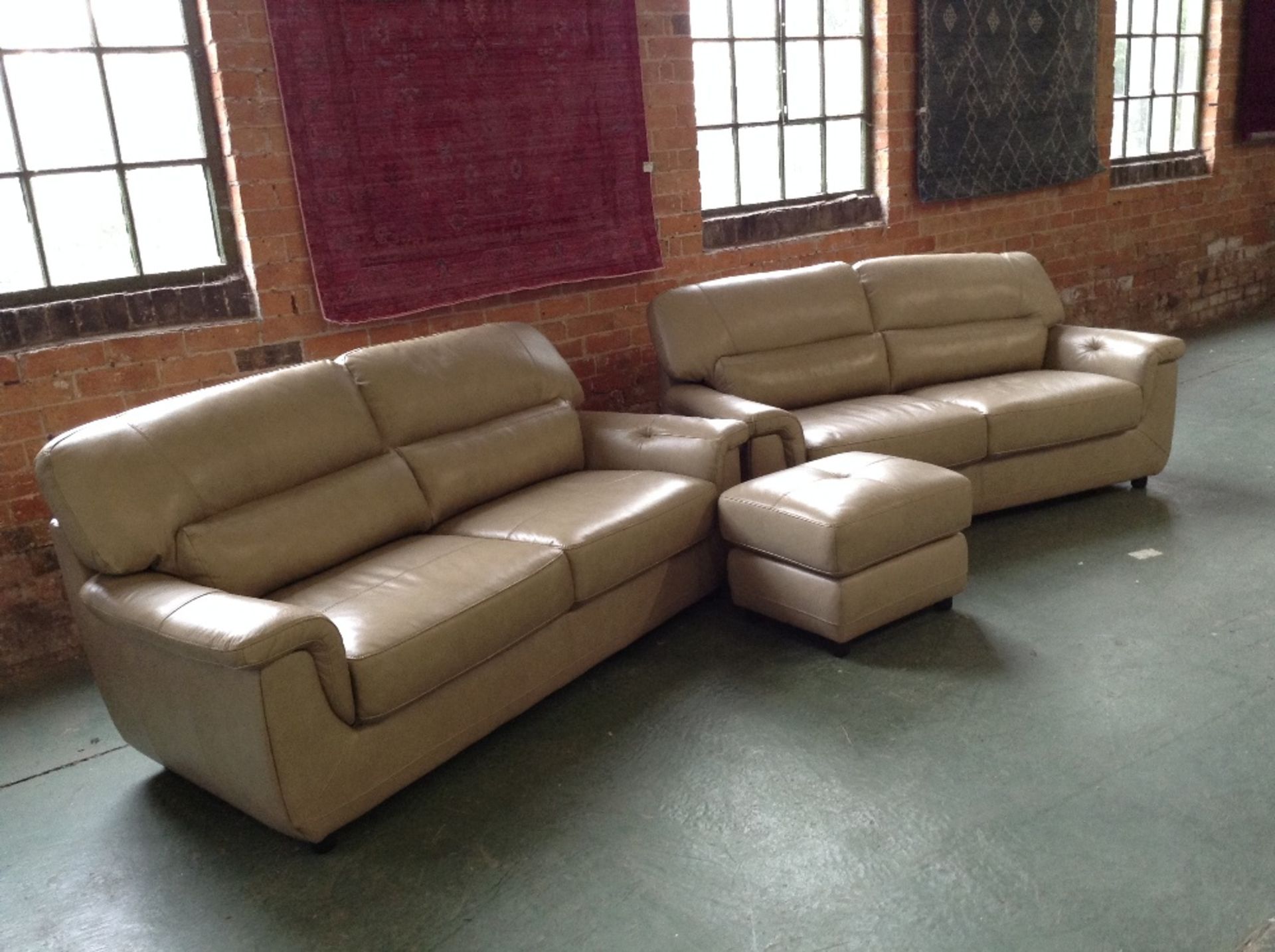 2 X CREAM LEATHER 3 SEATER SOFAS AND FOOTSTOOL (WM