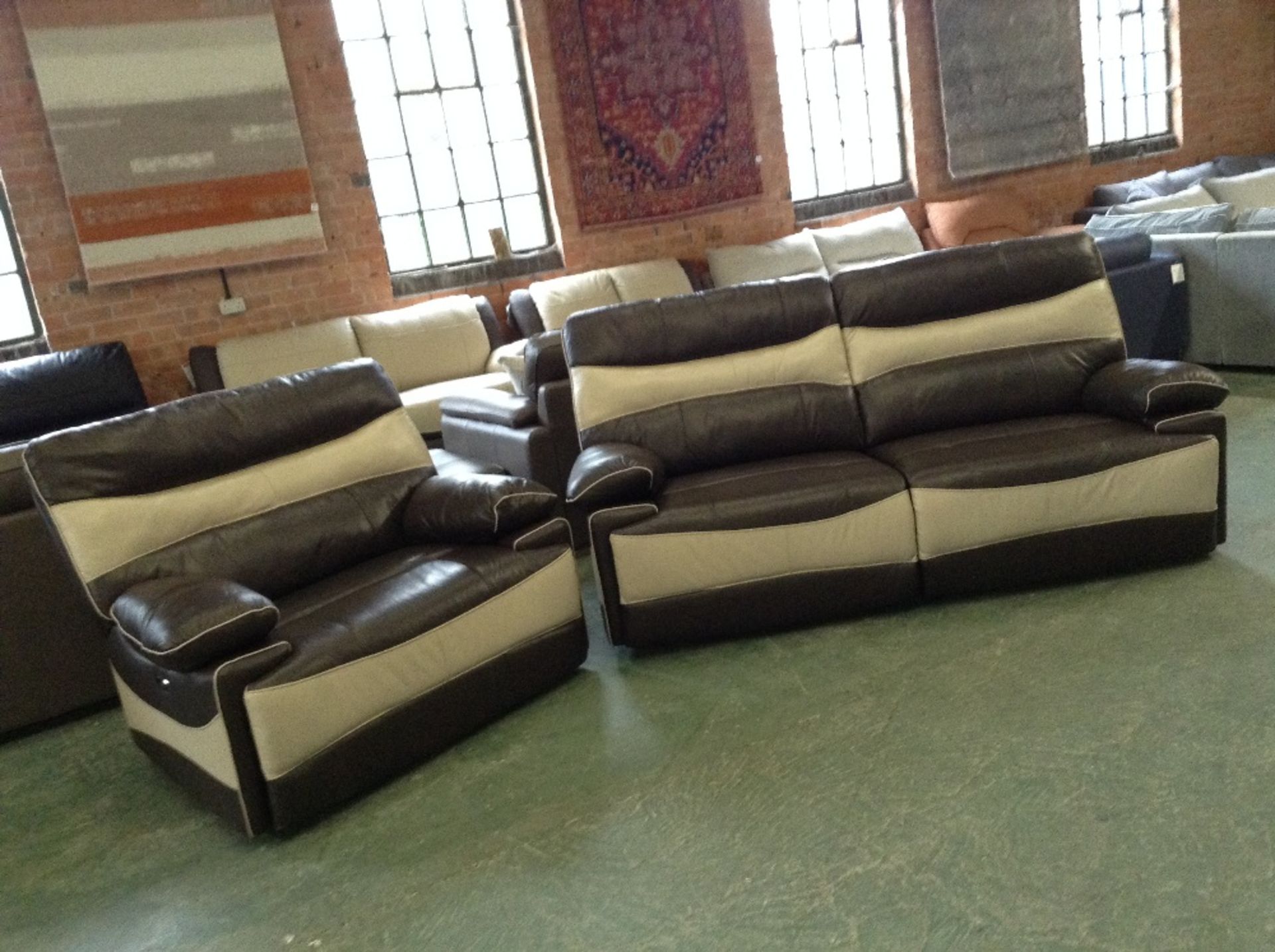 CREAM AND BROWN LEATHER ELECTRIC RECLINING 3 SEATE