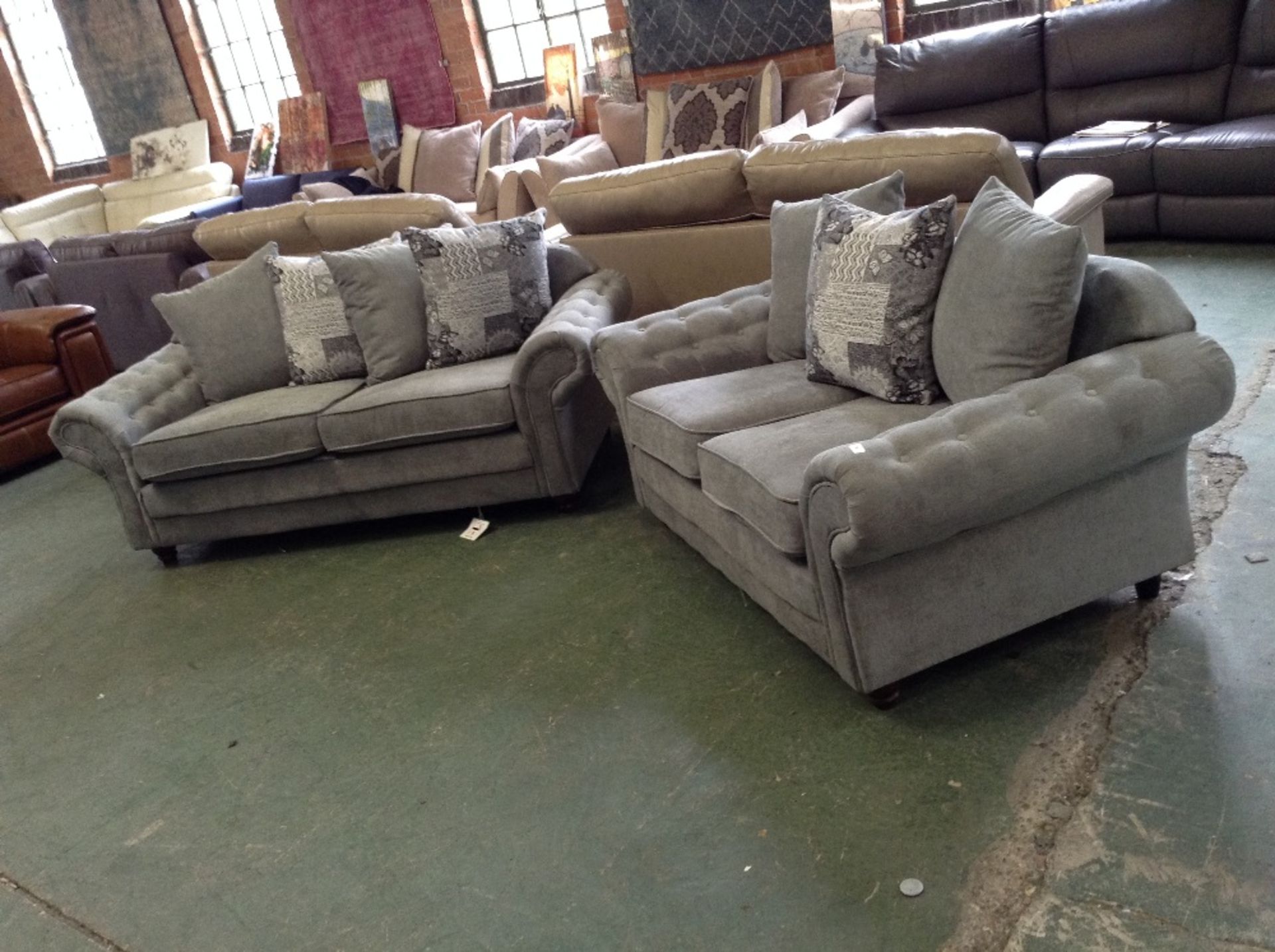 GREY CHESTERFIELD 3 SEATER SOFA AND 2 SEATER SOFA