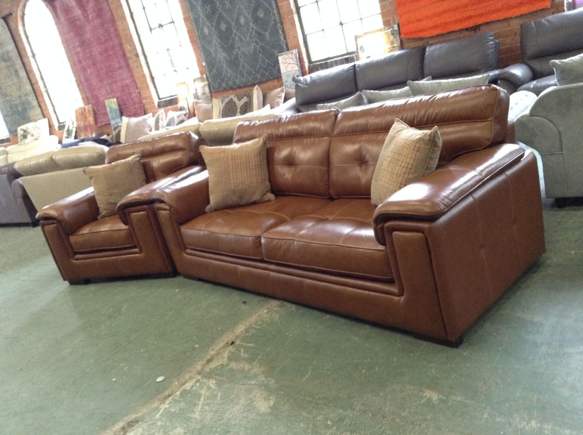 BROWN LEATHER WITH WHITE STITCHING 3 SEATER SOFA A