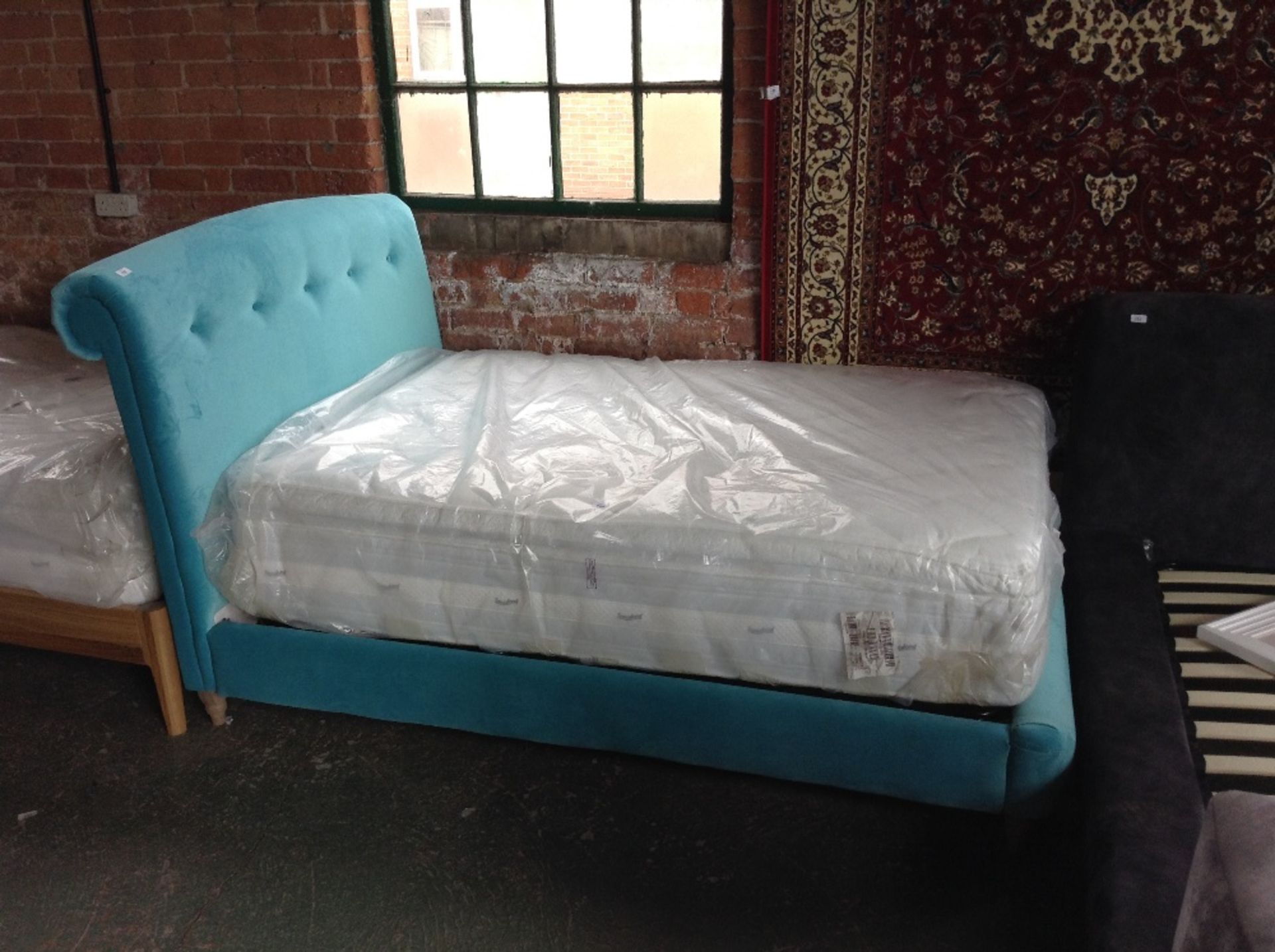 TEAL UPHOLSTERED DOUBLE BED FRAME