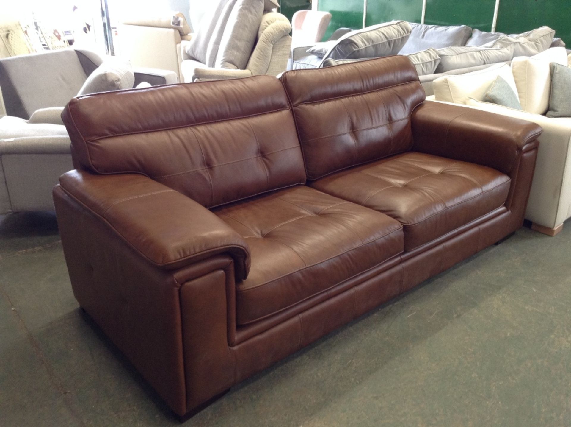 BROIWN LEATHER WUTH WHITE STITCHING 3 SEATER SOFA