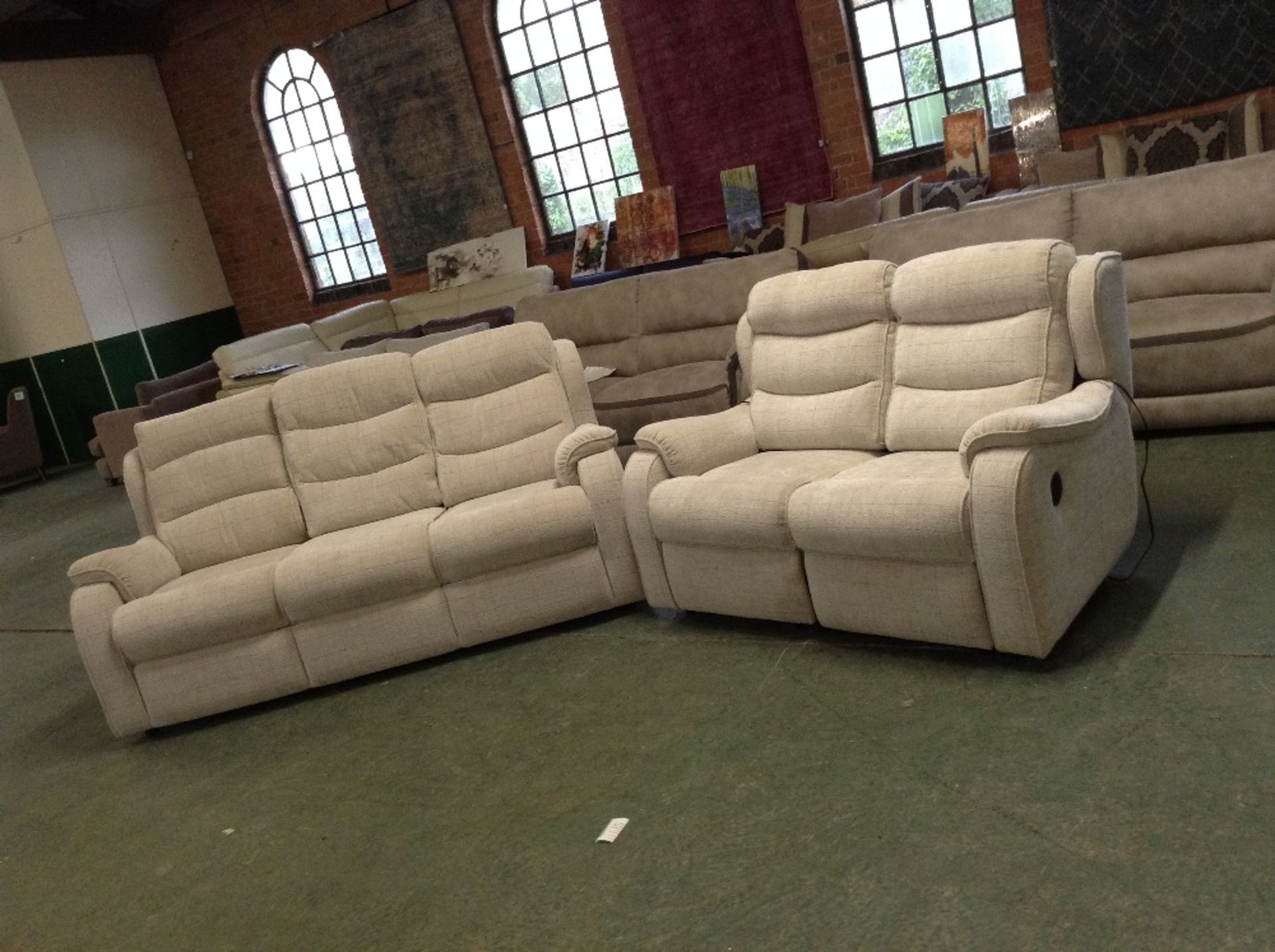 NATURAL CHECKERED HIGH BACK 3 SEATER SOFA AND ELEC