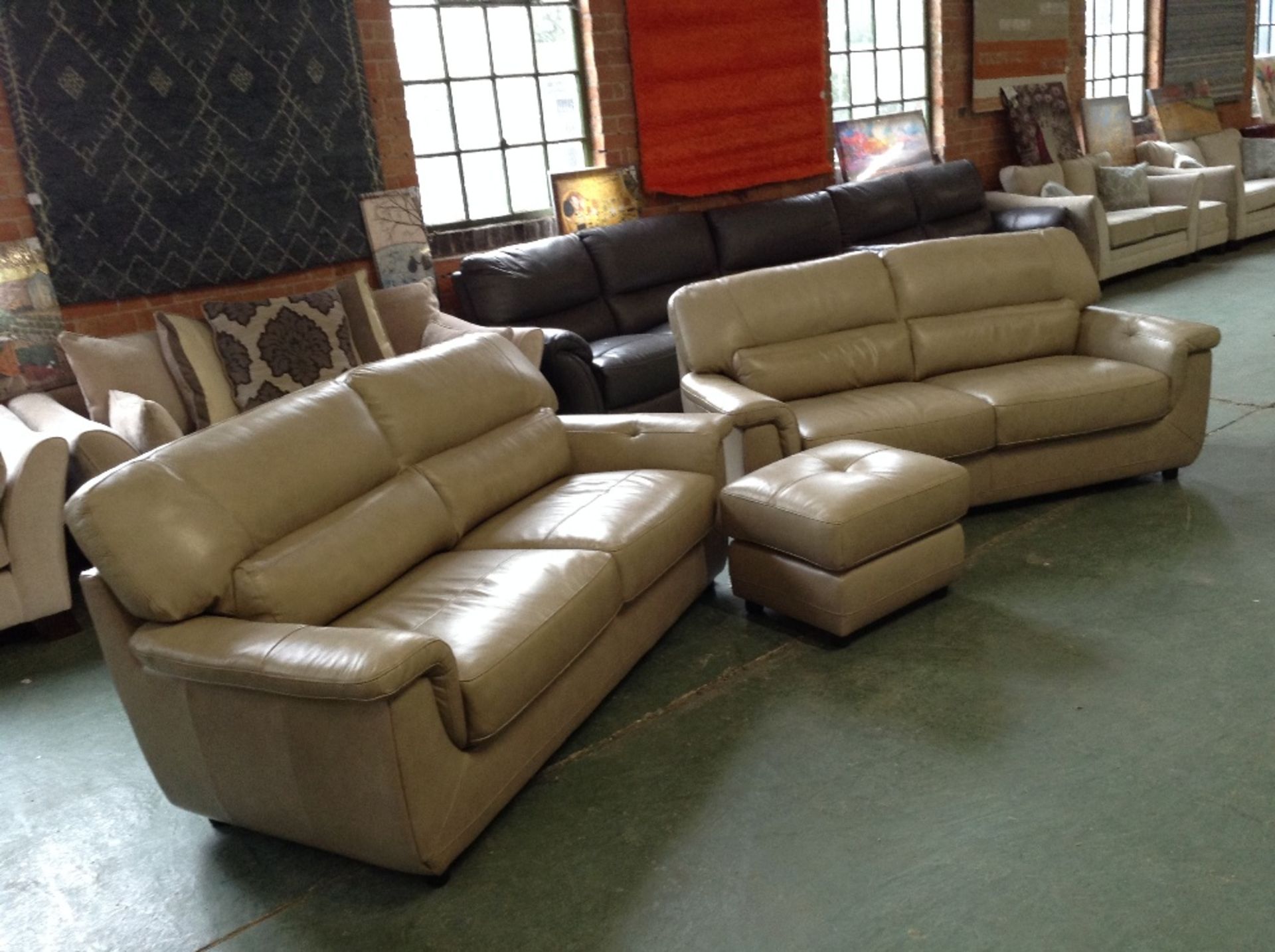 2 X CREAM LEATHER 3 SEATER SOFAS AND FOOTSTOOL (WM