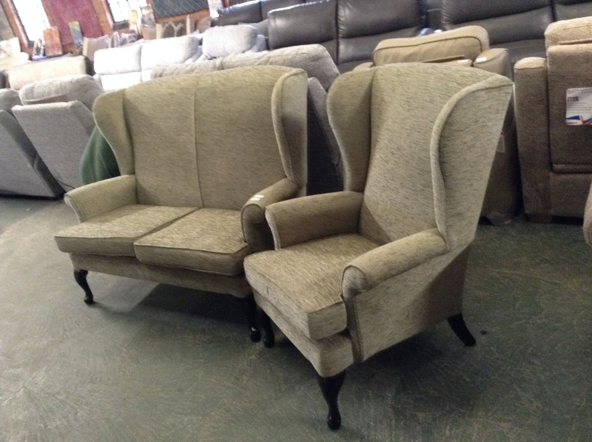 GREEN HIGH BACK 2 SEATER SOFA AND WING CHAIR (TROO