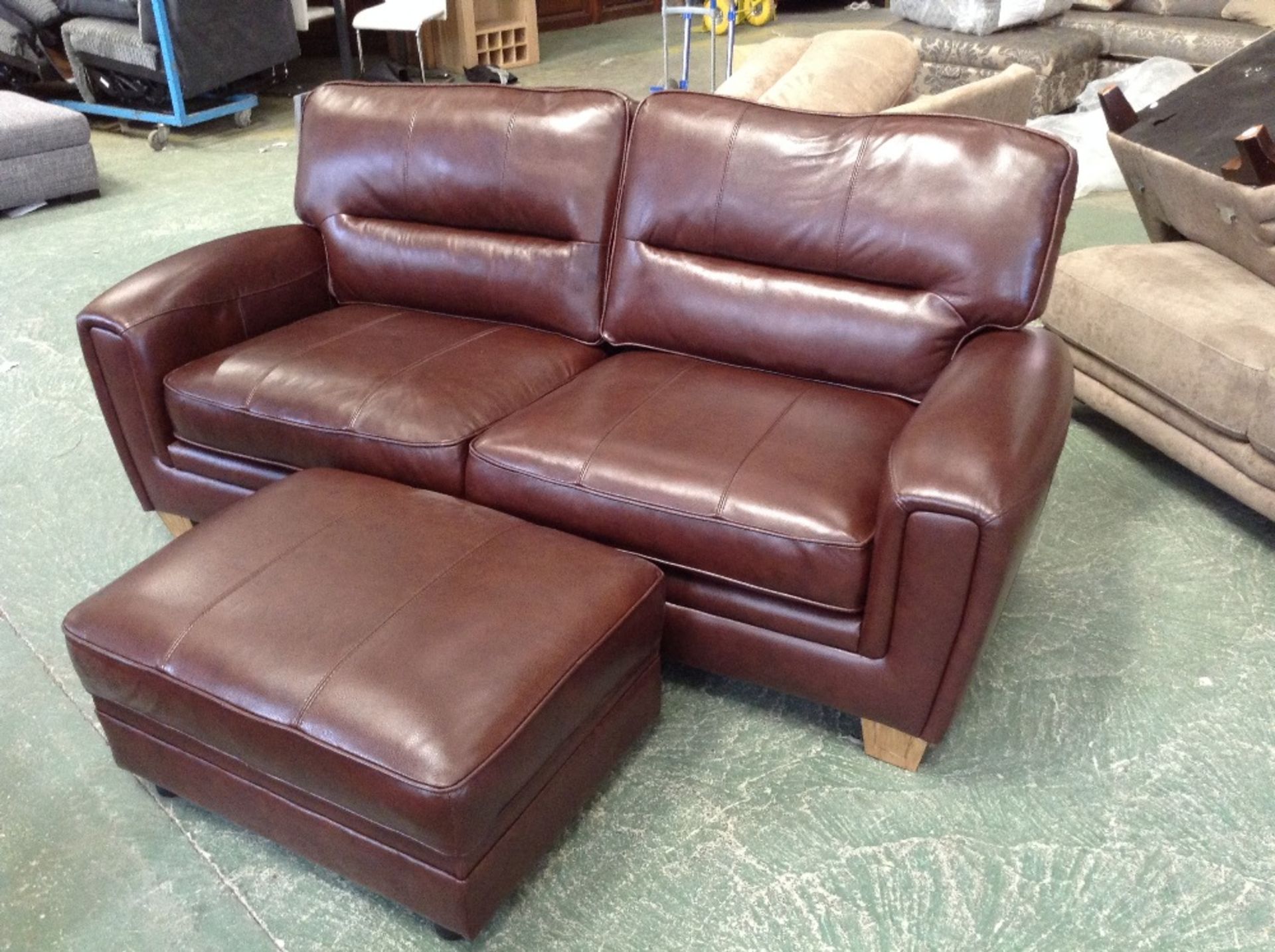 BROWN LEATHER 3 SEATER SOFA AND FOOTSTOOL (WM34-4)