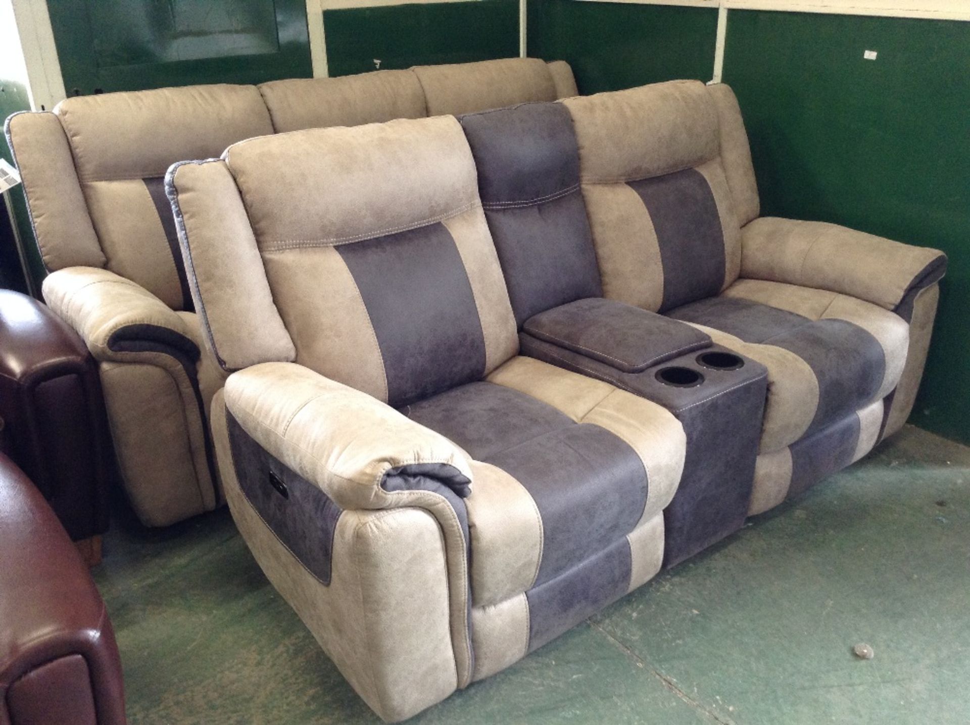 BEIGE AND GREY SADDLE ELECTRIC RECLINING 3 SEATER