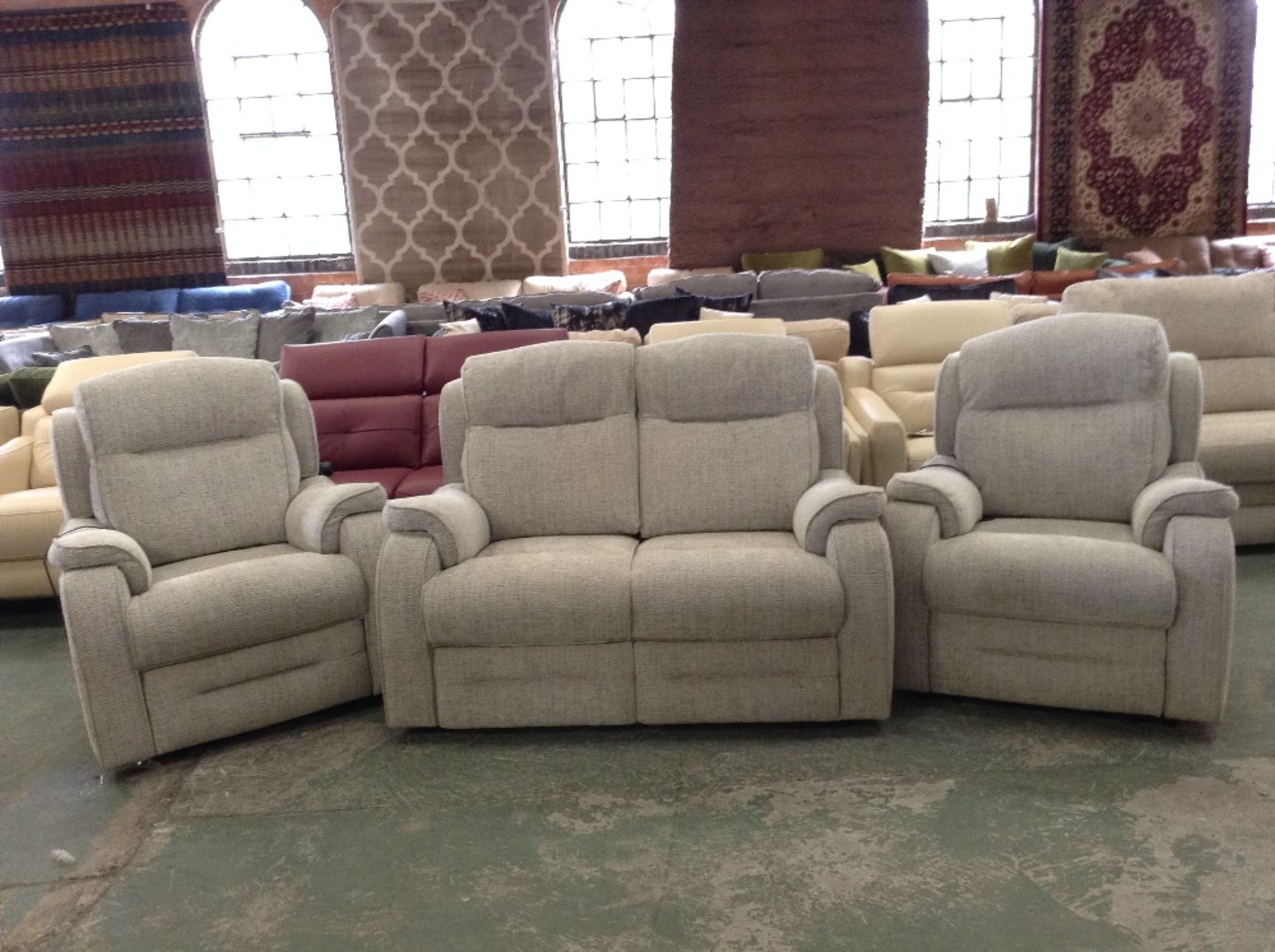 GREY PATTERNED HIGHBACK 2 SEATER SOFA AND 2 X ELEC
