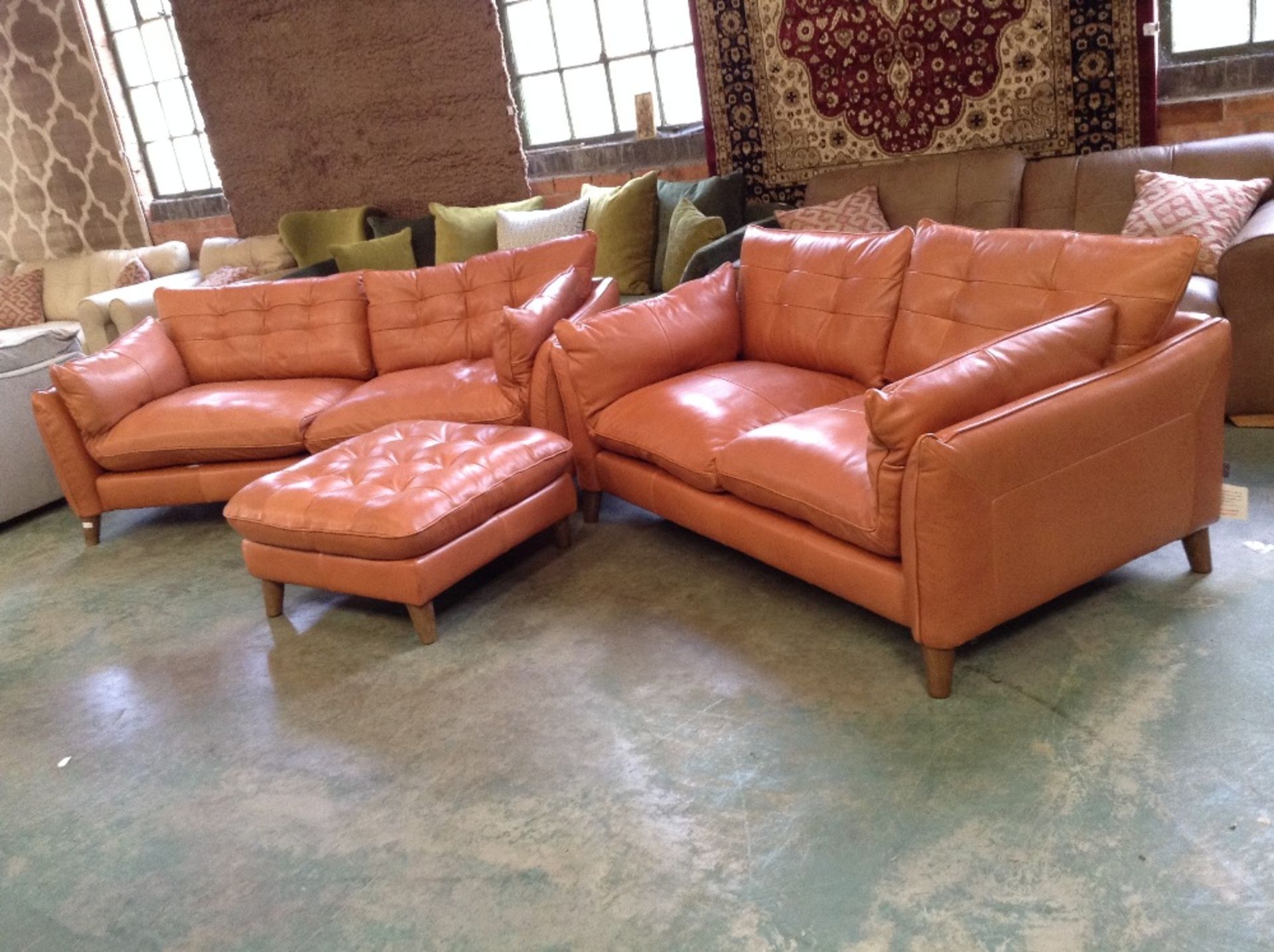 ORANGE LEATHER 3 SEATER SOFA 2 SEATER SOFA AND FOO