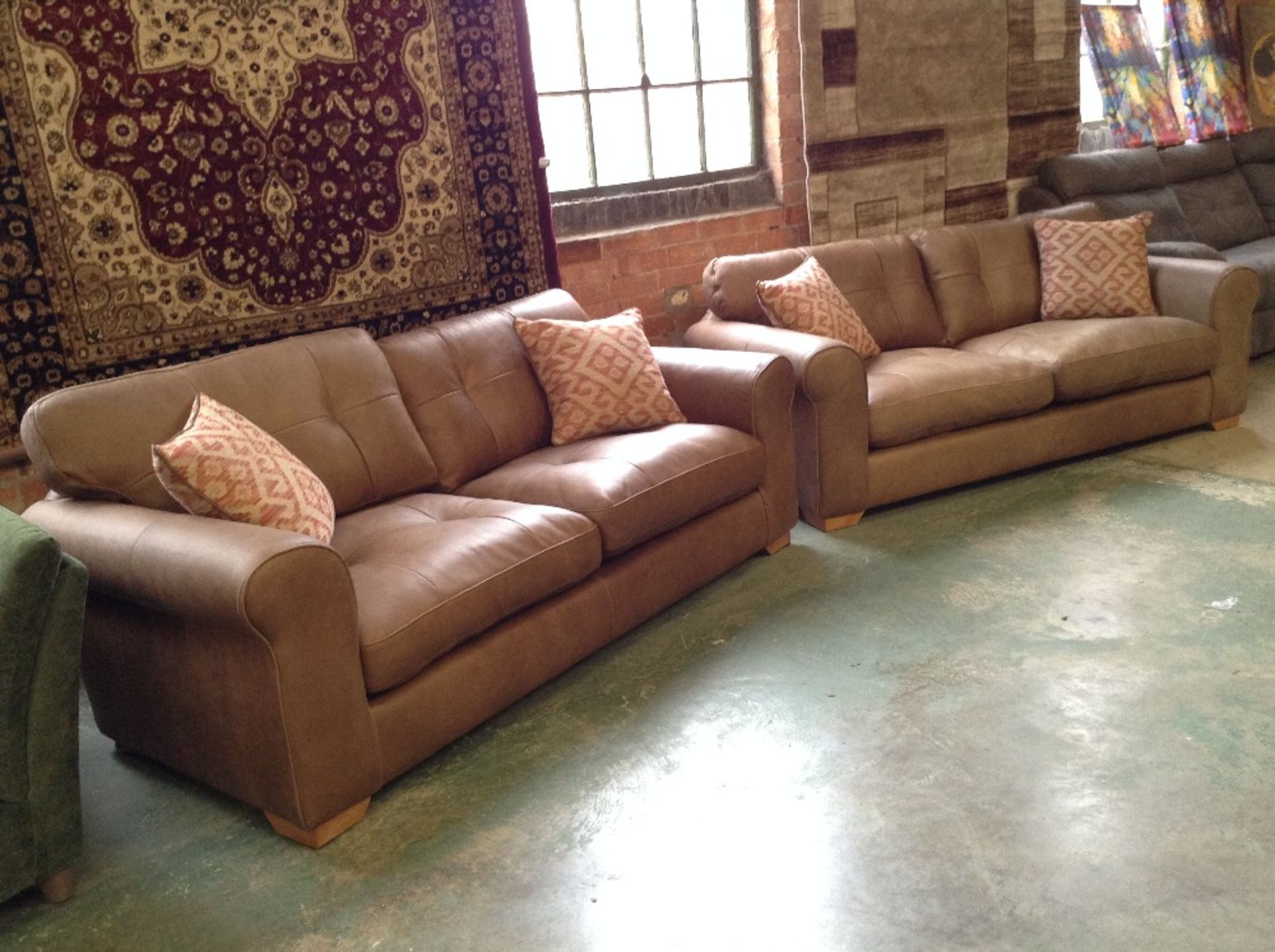 2 X BROWN LEATHER 3 SEATER SOFAS (WM47-19)