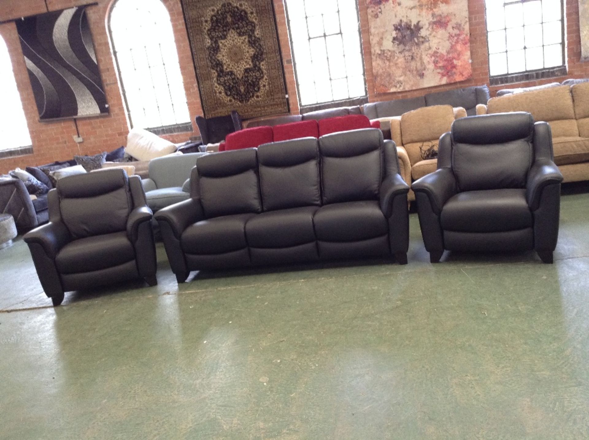 BLACK LEATHER HIGH BACK 3 SEATER SOFA AND 2 X ELEC