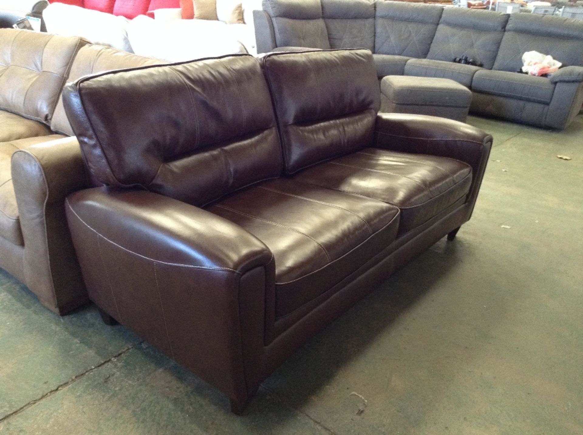 BROWN LEATHER WITH WHITE STITCHING 3 SEATER SOFA (