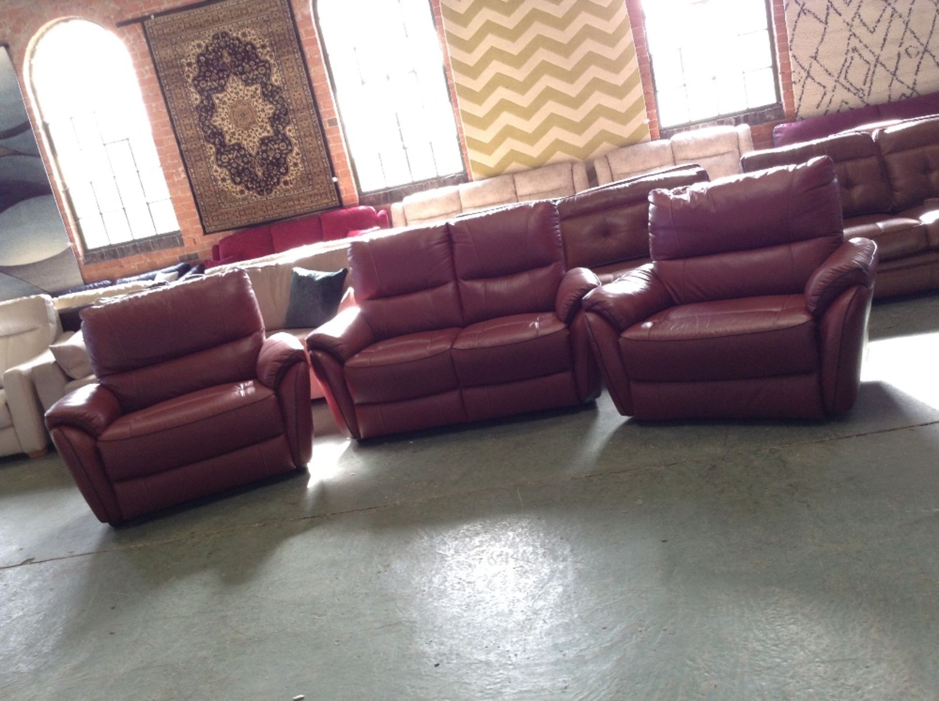 RED LEATHER WITH BLACK BEADING 2 SEATER SOFA AND 2