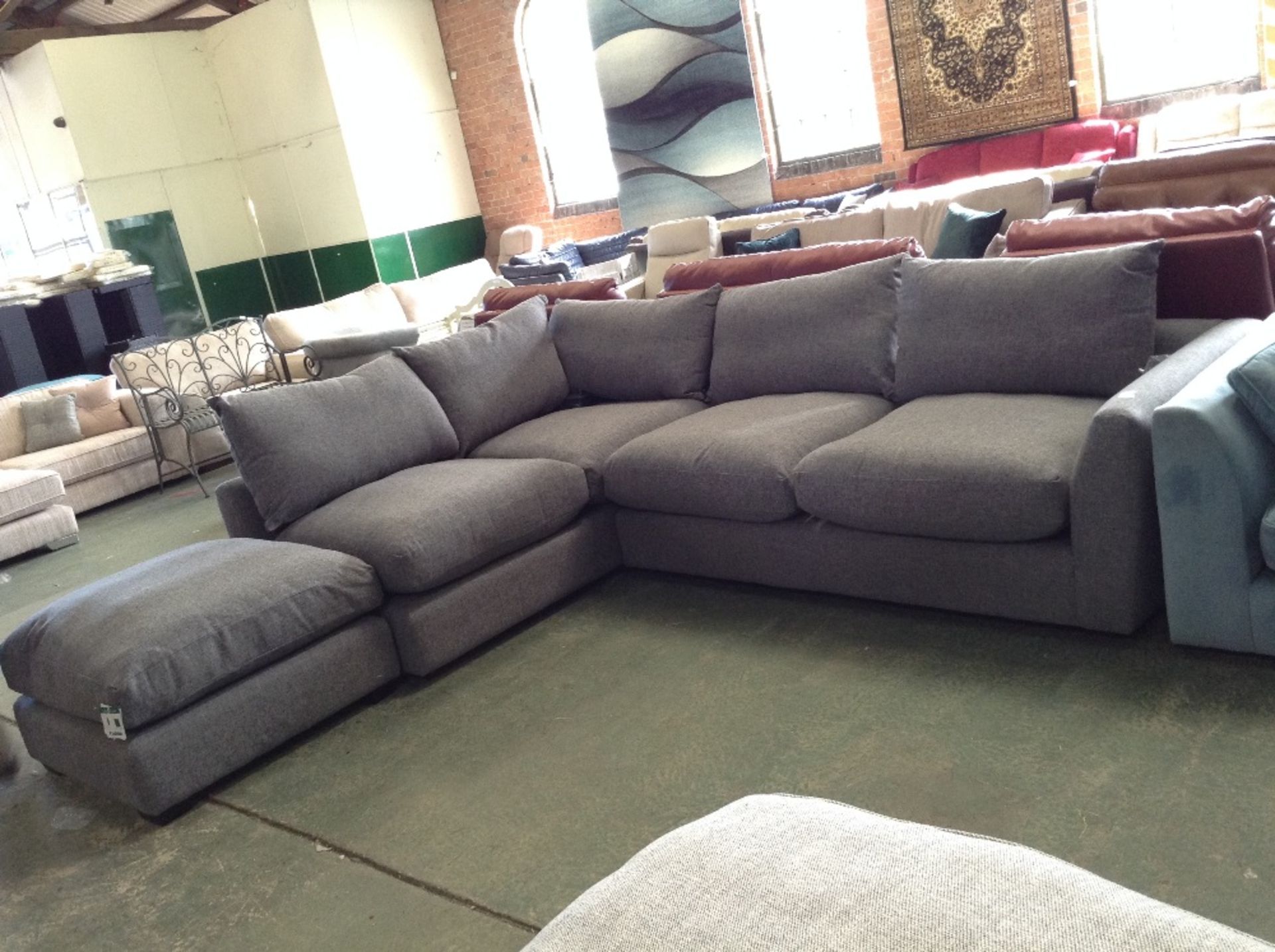 GREY 2 PART CORNER GROUP AND LARGE FOOTSTOOL