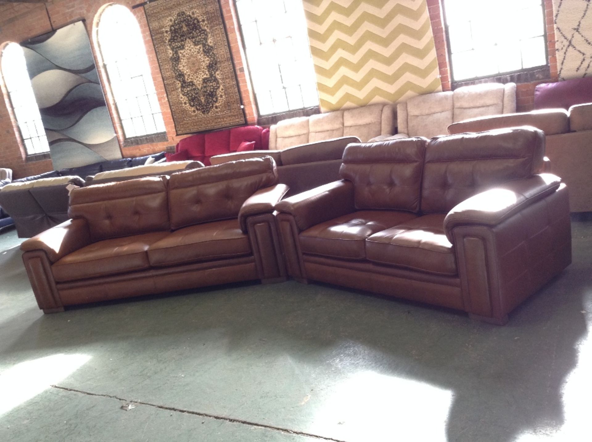 BROWN LEATHER 3 SEATER SOFA AND 2 SEATER SOFA ((WM