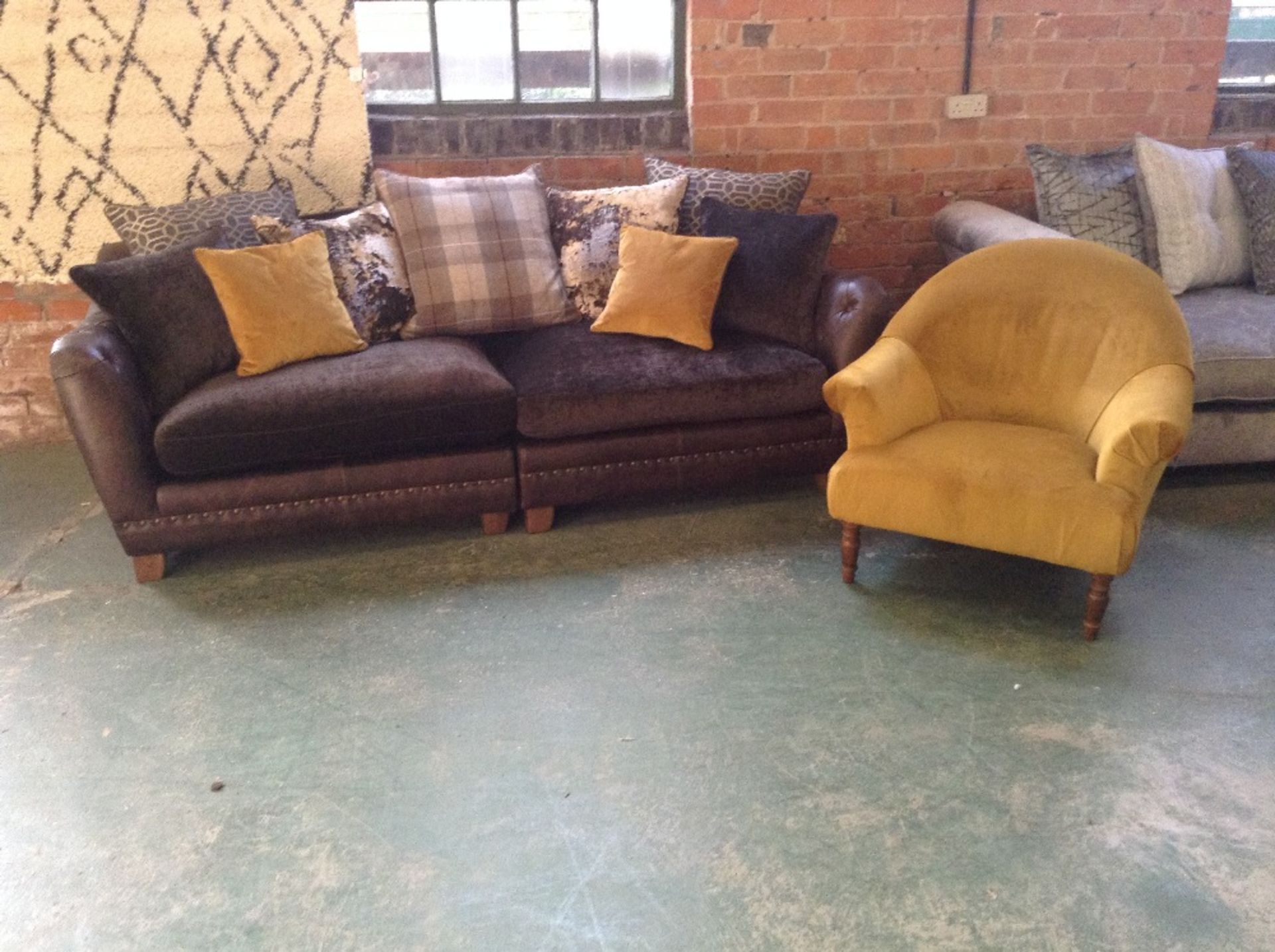 BROWN HALF HIDE SPLIT 4 SEATER SOFA AND GOLDEN FAB