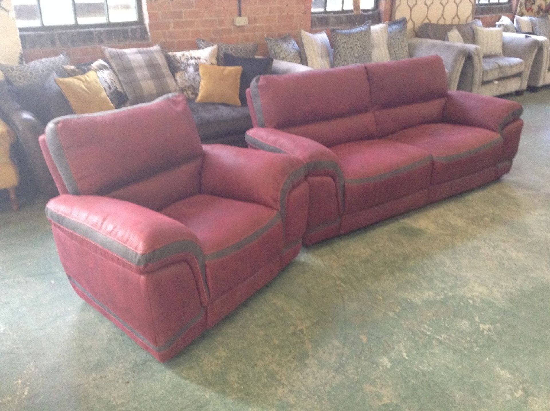 RED AND BROWN SADDLE 3 SEATER SOFA AND CHAIR(WM59