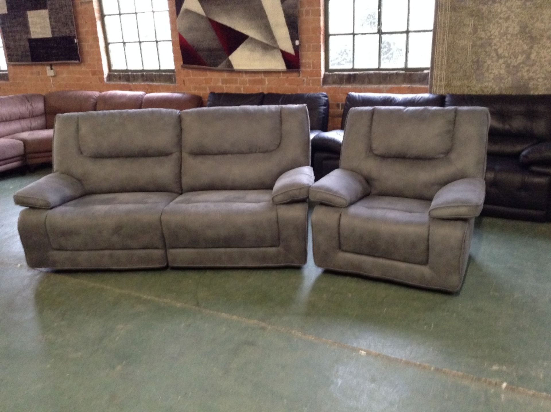 GREY SADDLE ELECTRIC RECLINING 3 SEATER SOFA AND F