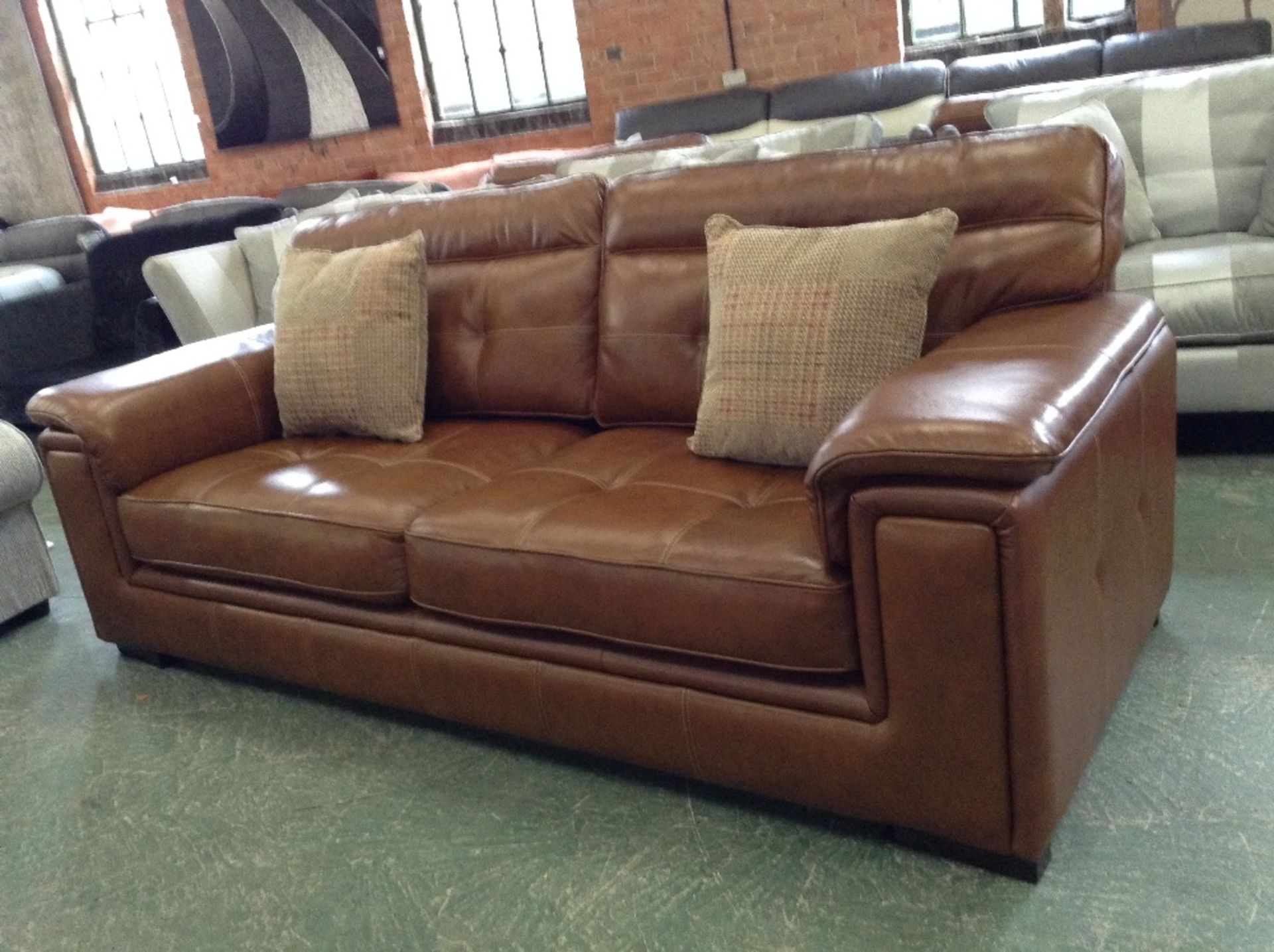 BROWN LEATHER WITH WHITE STITCHING 3 SEATER SOFA (