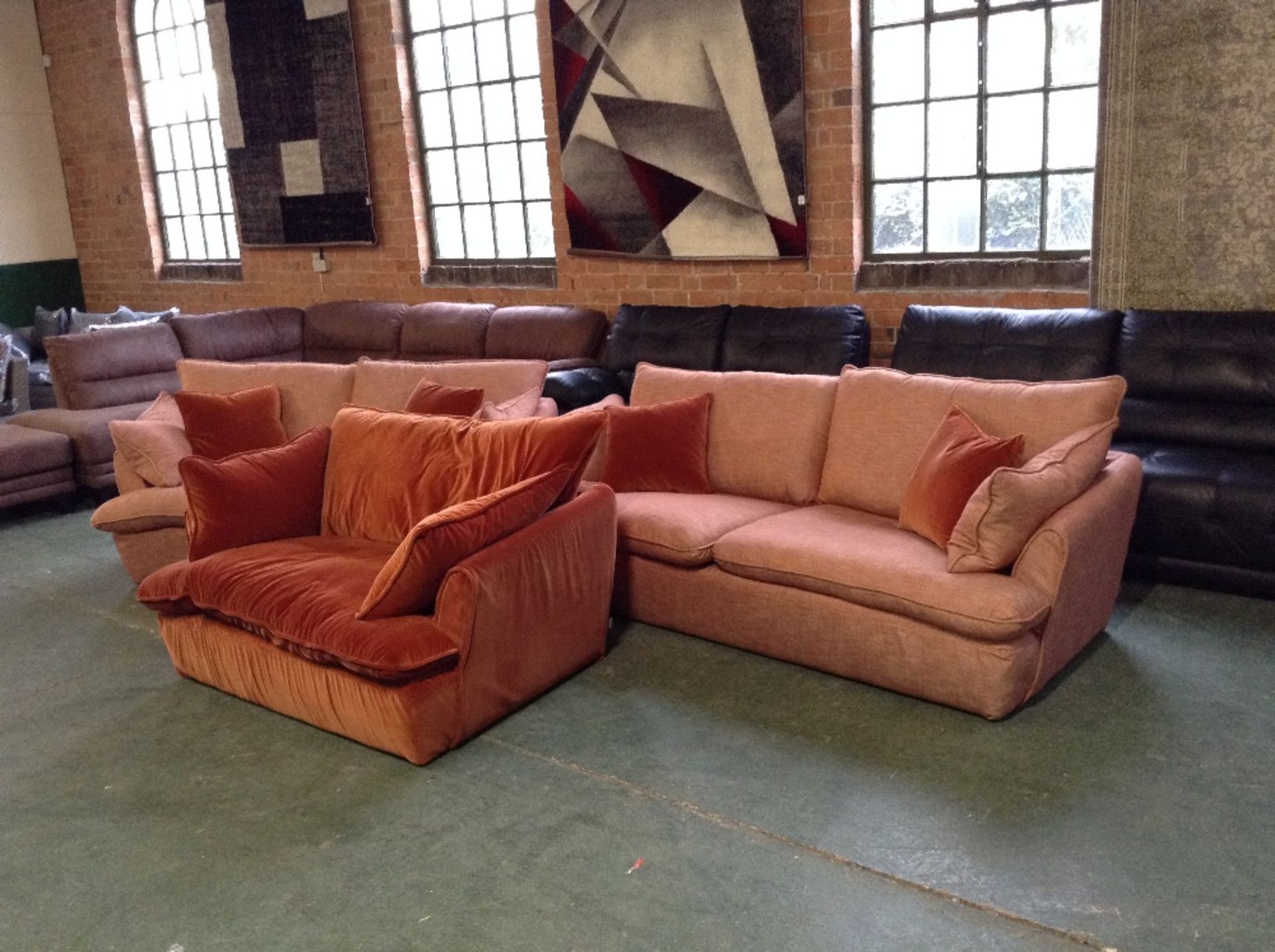 ORANGE PATTERNED 3 SEATER SOFA AND 2 SEATER SOFA A