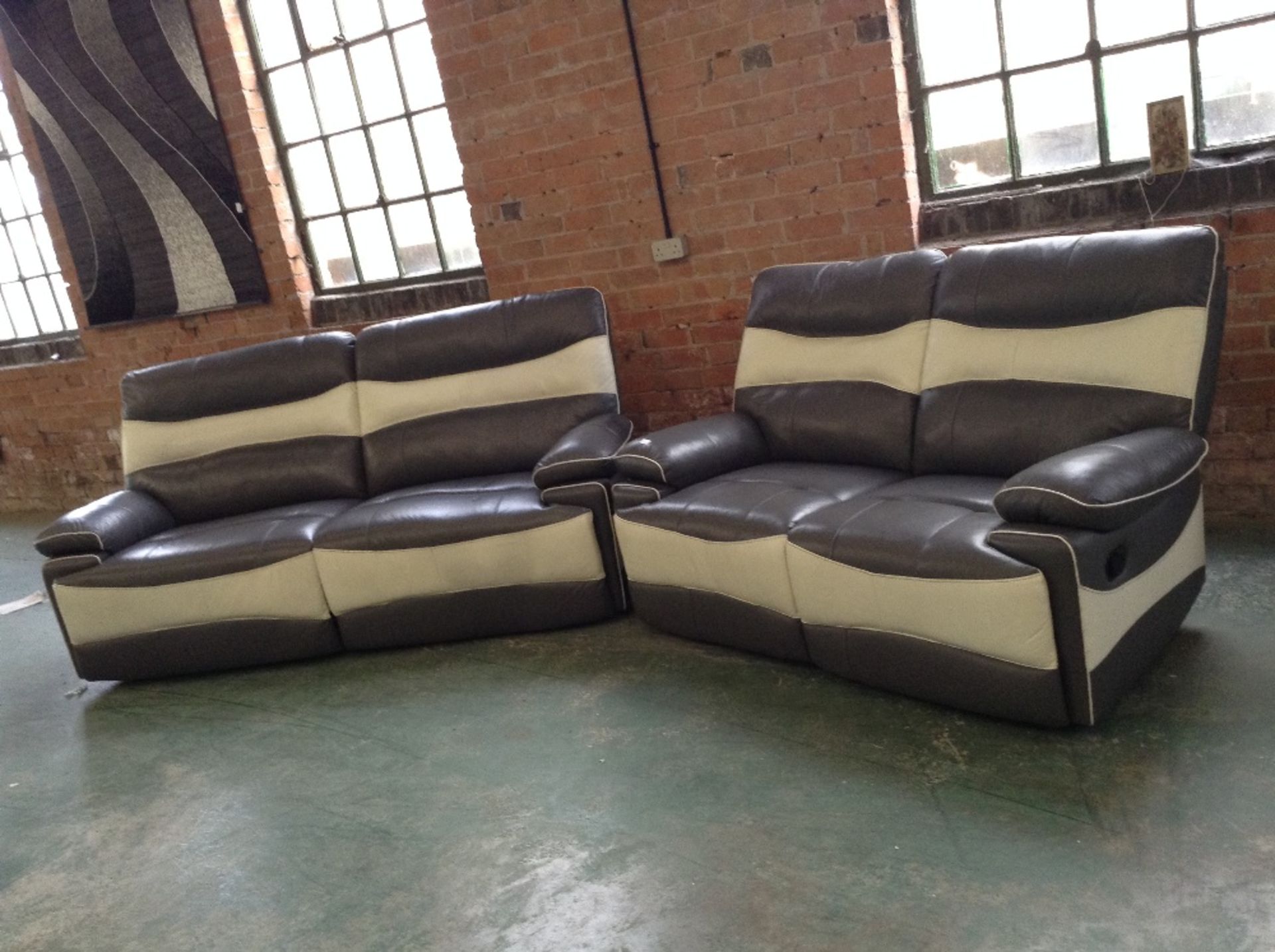 GREY AND CREAM LEATHER MANUAL RECLINING 3 SEATER S